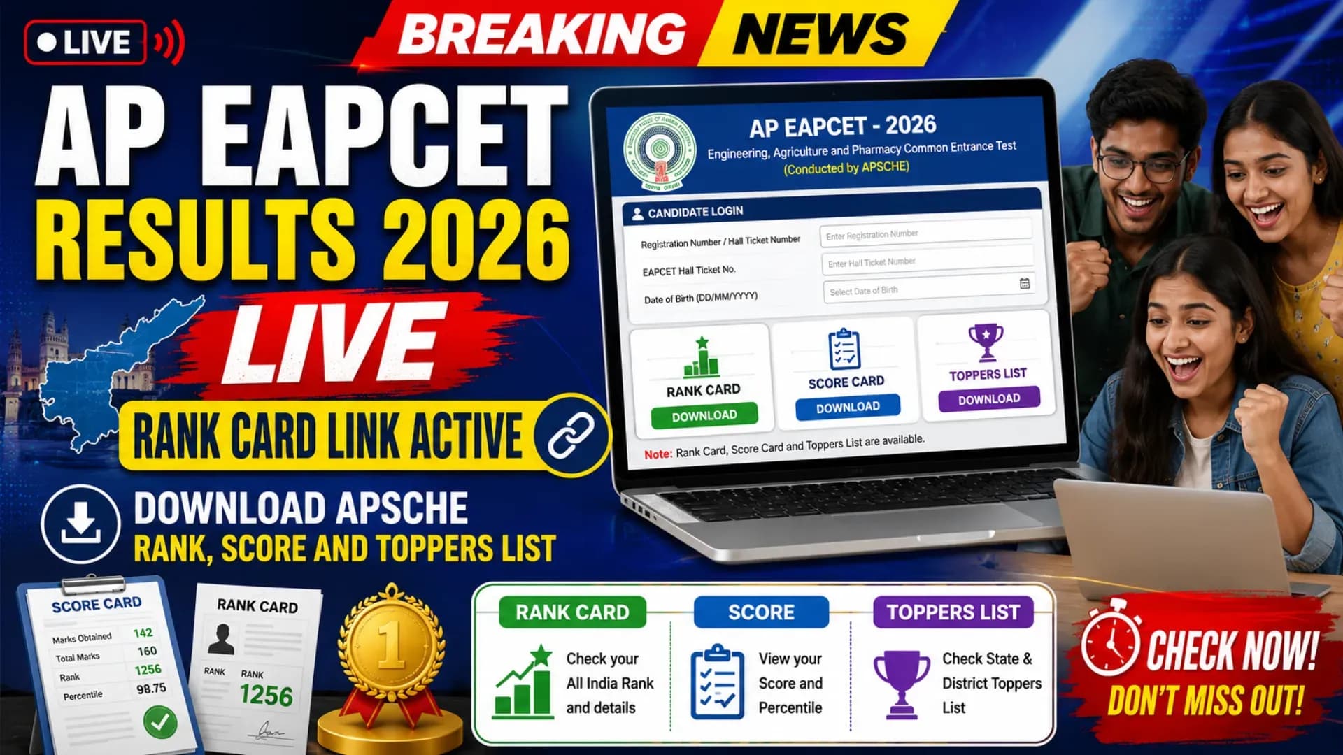 AP EAPCET Results 2026 LIVE: Rank Card Link Active; Download APSCHE Rank, Score and Toppers List