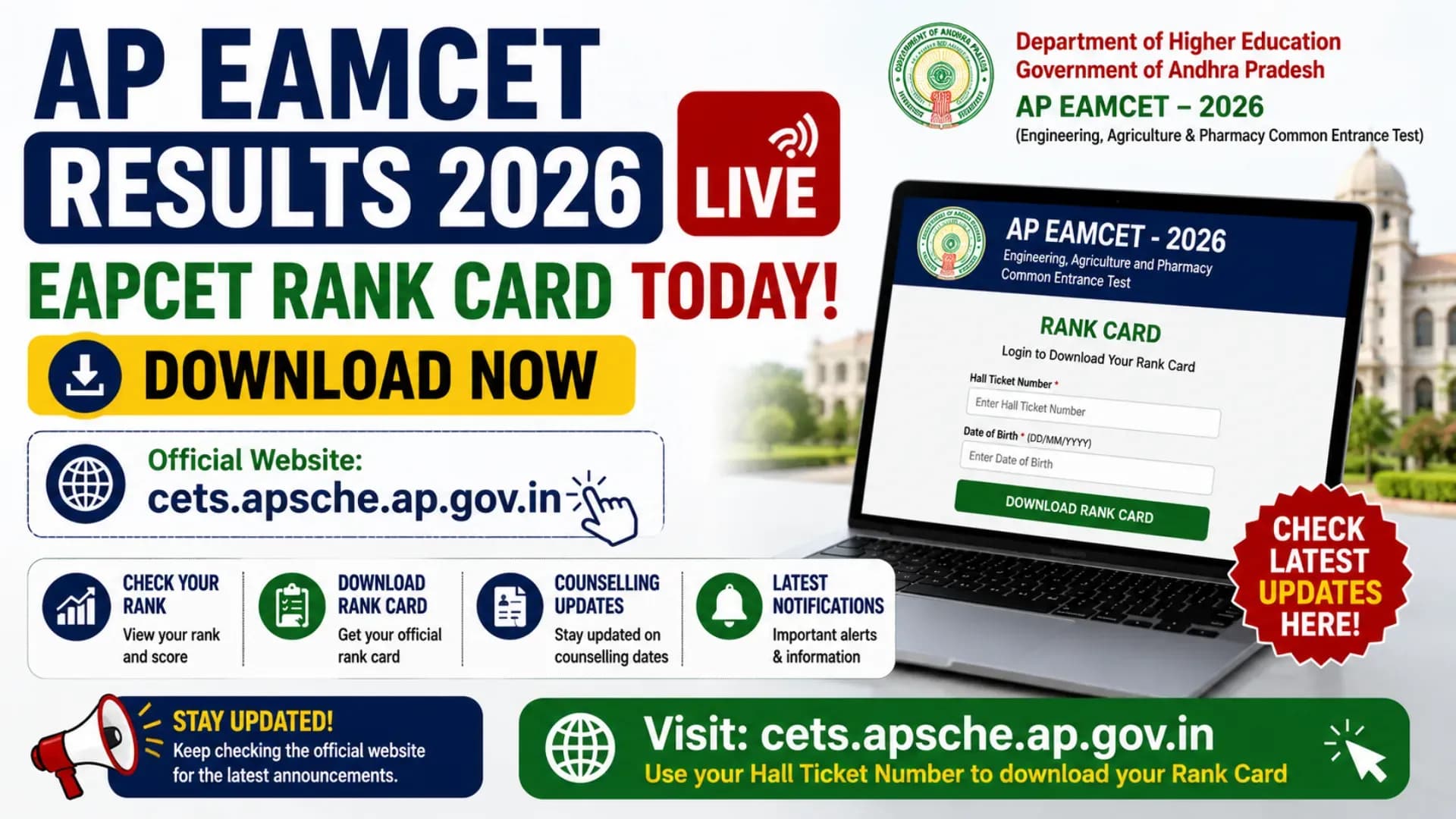 AP EAMCET Results 2026 LIVE: EAPCET Rank Card Today, Download at cets.apsche.ap.gov.in with Hall Ticket Number, Check Latest Updates Here