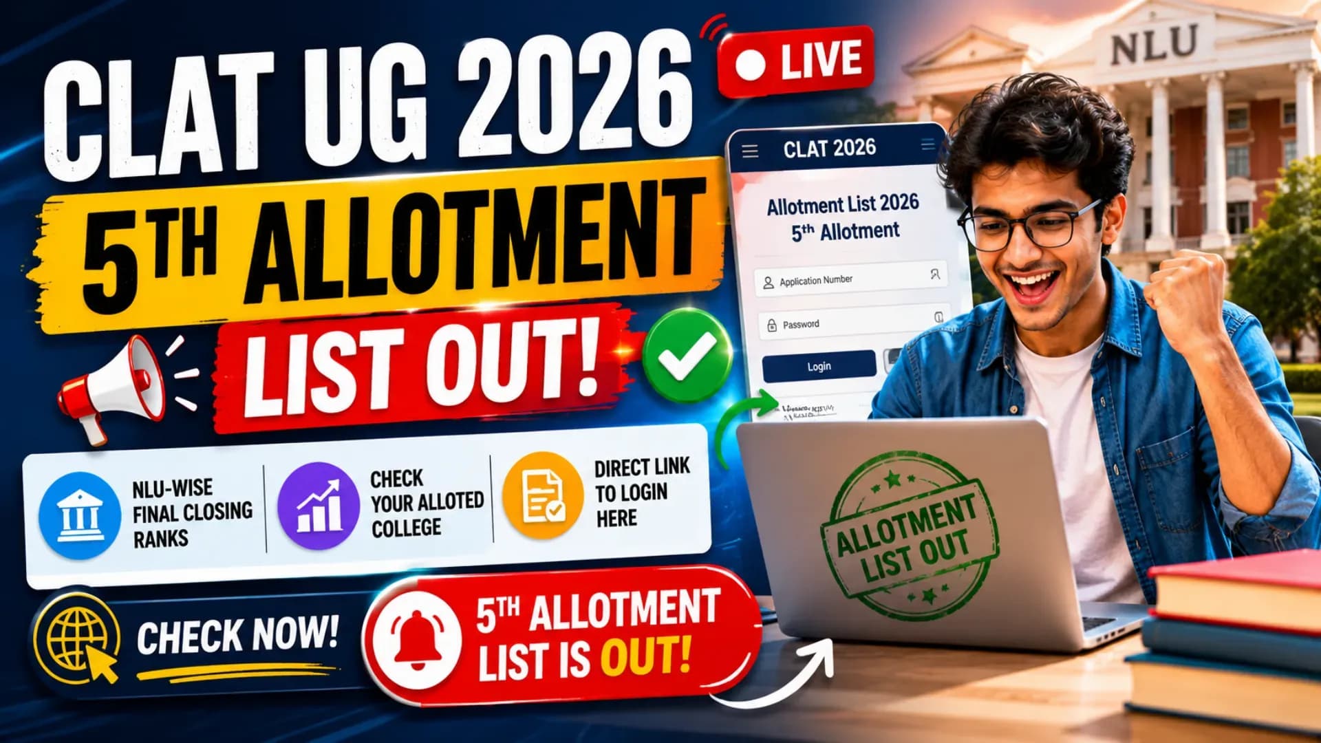 CLAT UG 5th Allotment List 2026 (OUT) LIVE: Check NLU-Wise Final Closing Ranks, Direct Link to Login Here