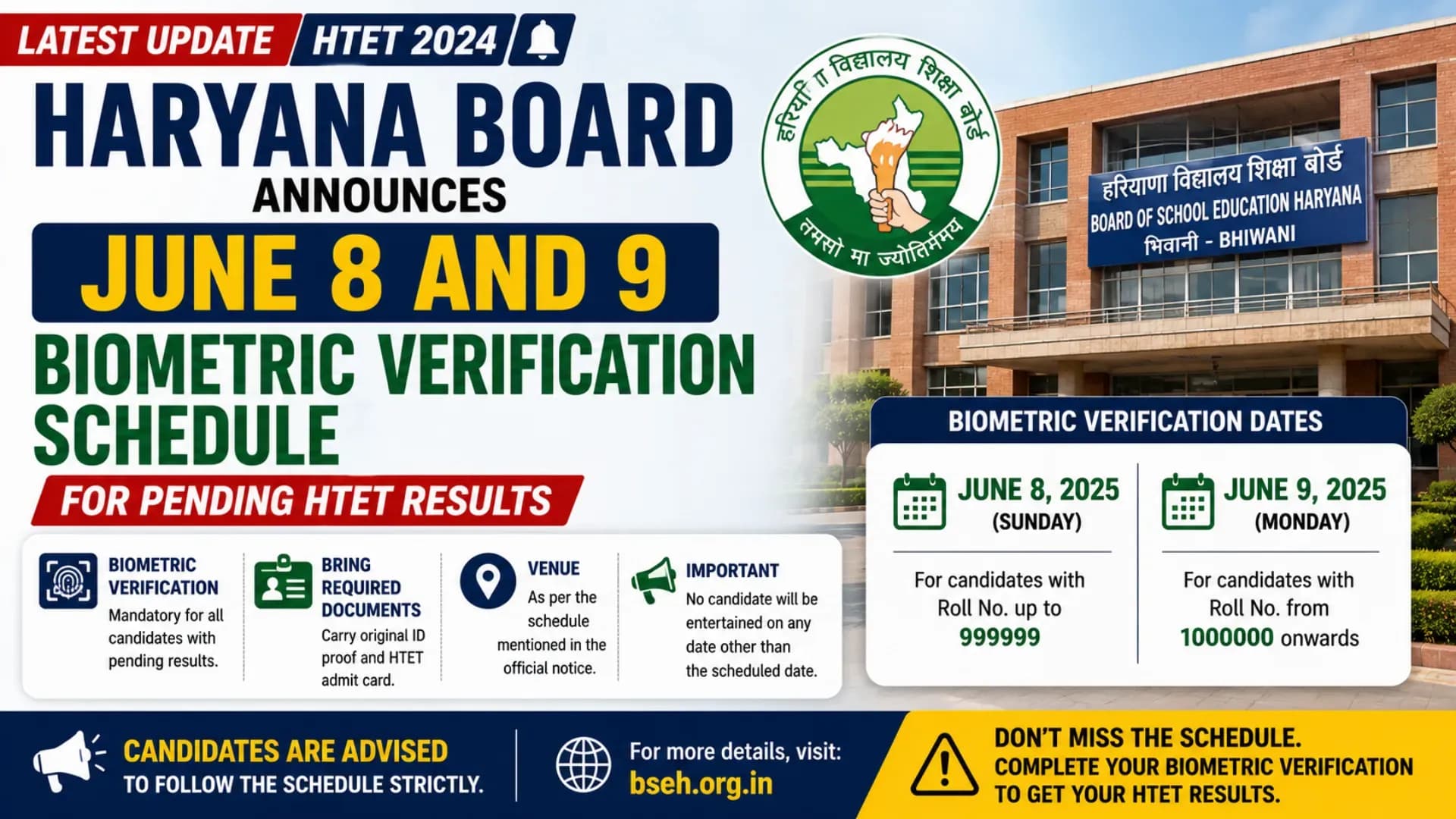 Haryana Board Announces June 8 and 9 Biometric Verification Schedule for Pending HTET Results