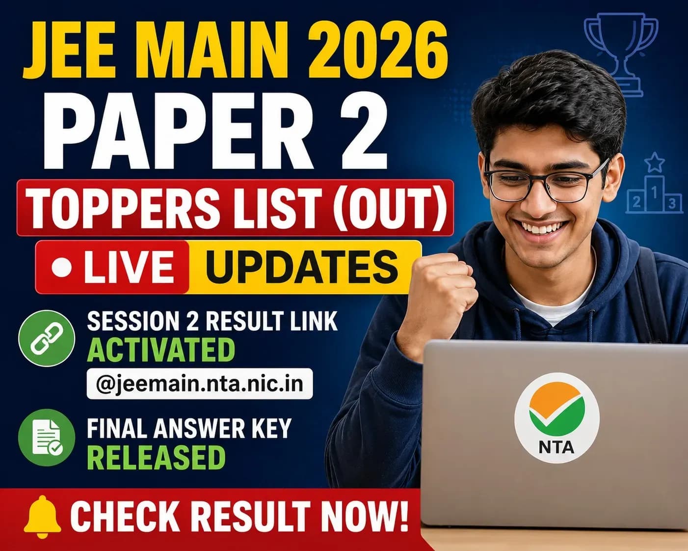 JEE Main 2026 Paper 2 Toppers List (OUT) LIVE Updates