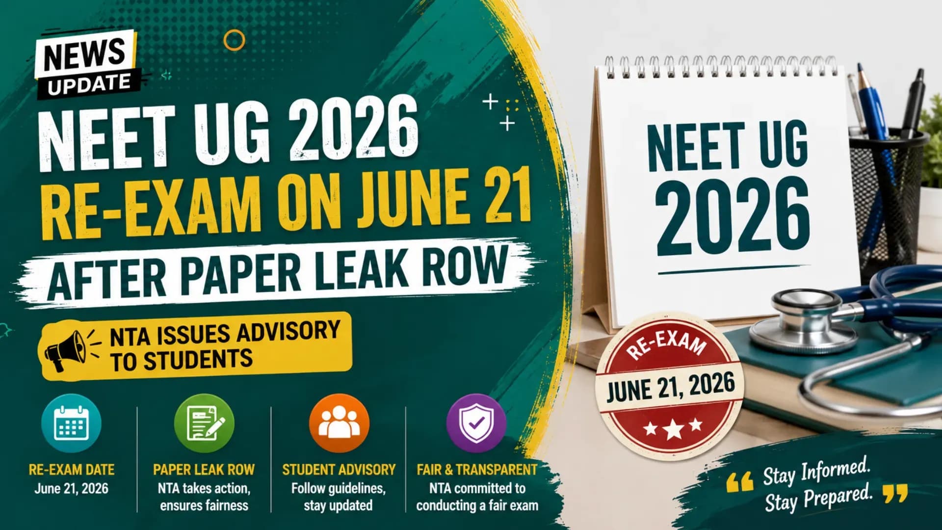 NEET UG 2026 Re-Exam on June 21 After Paper Leak Row; NTA Issues Advisory to Students