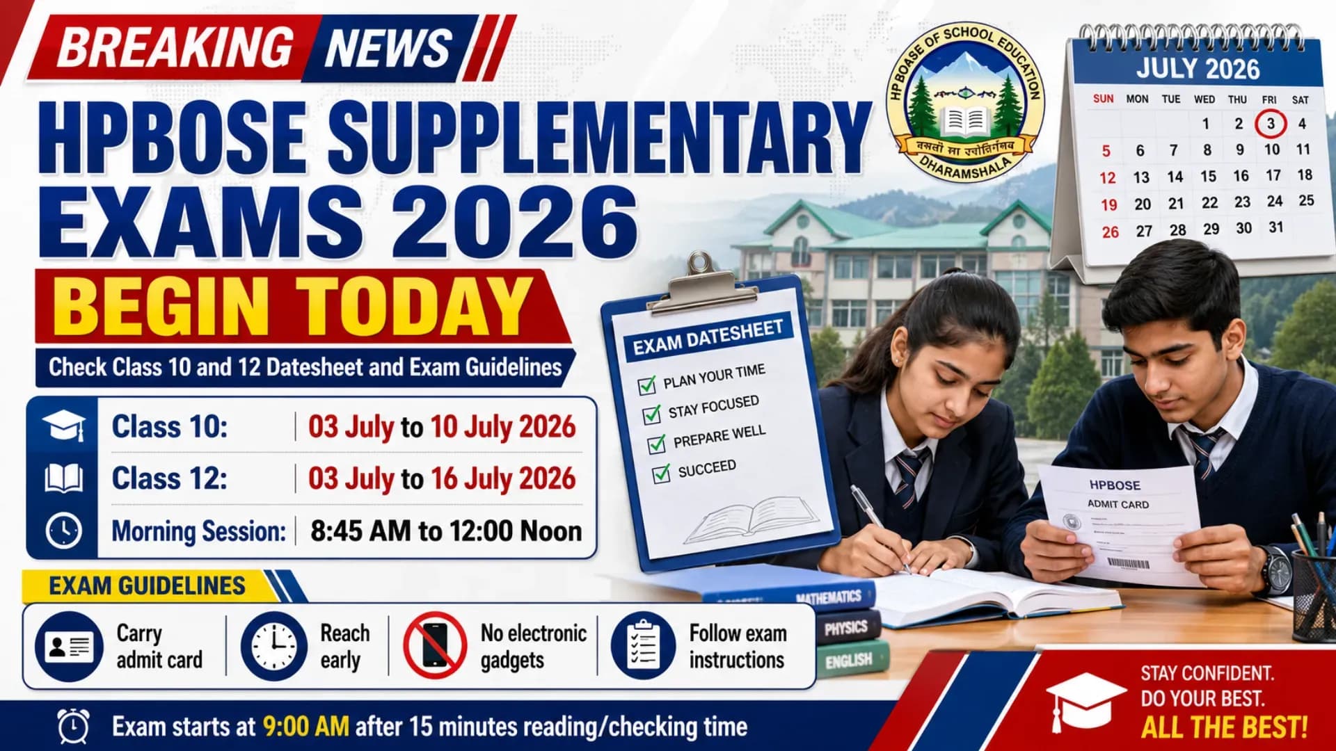 HPBOSE Supplementary Exams 2026 Begin Today: Check Class 10 and 12 Datesheet and Exam Guidelines