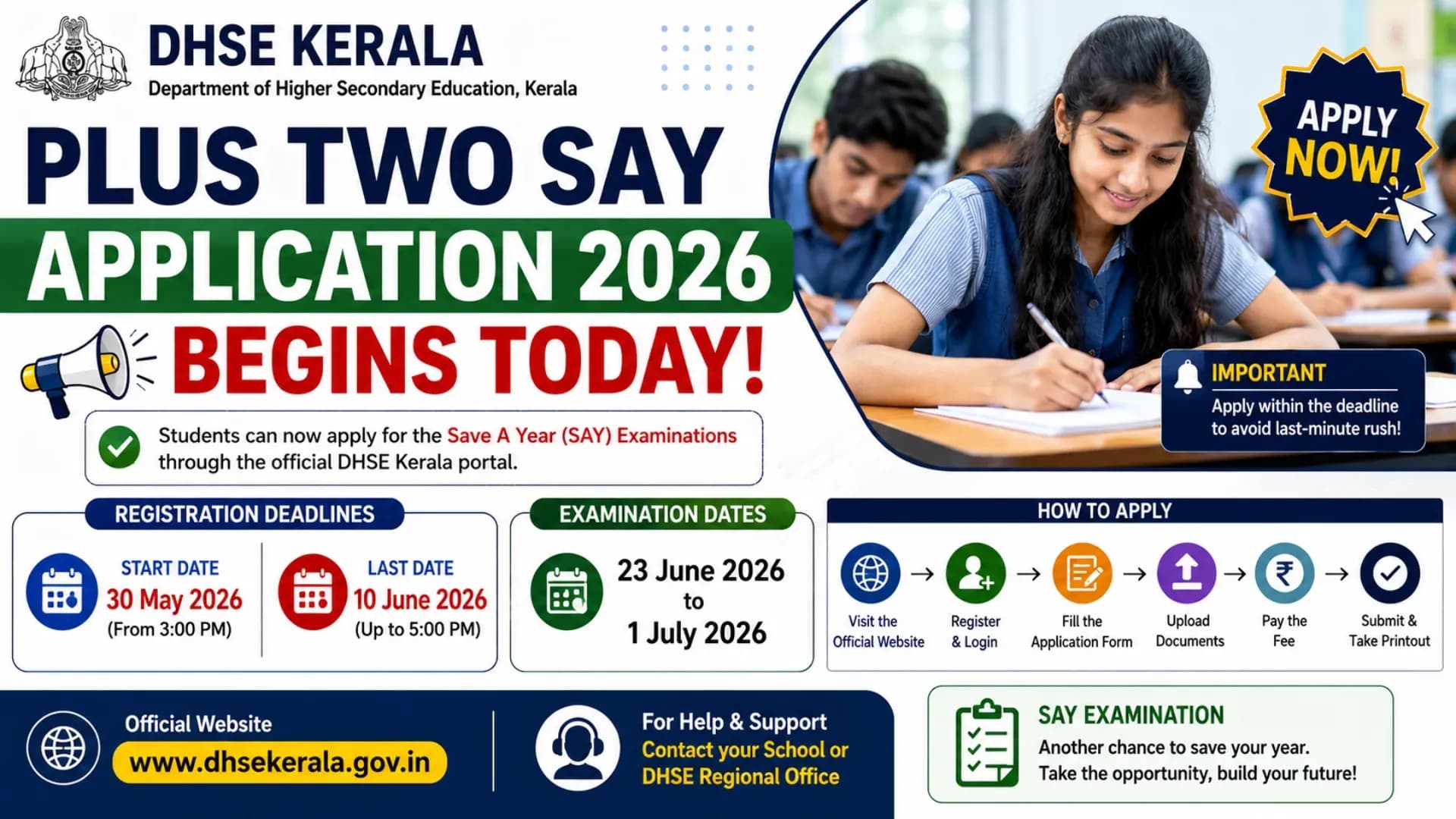 DHSE Kerala Plus Two SAY Application 2026 Begins Today; Check Registration Deadlines and Exam Dates
