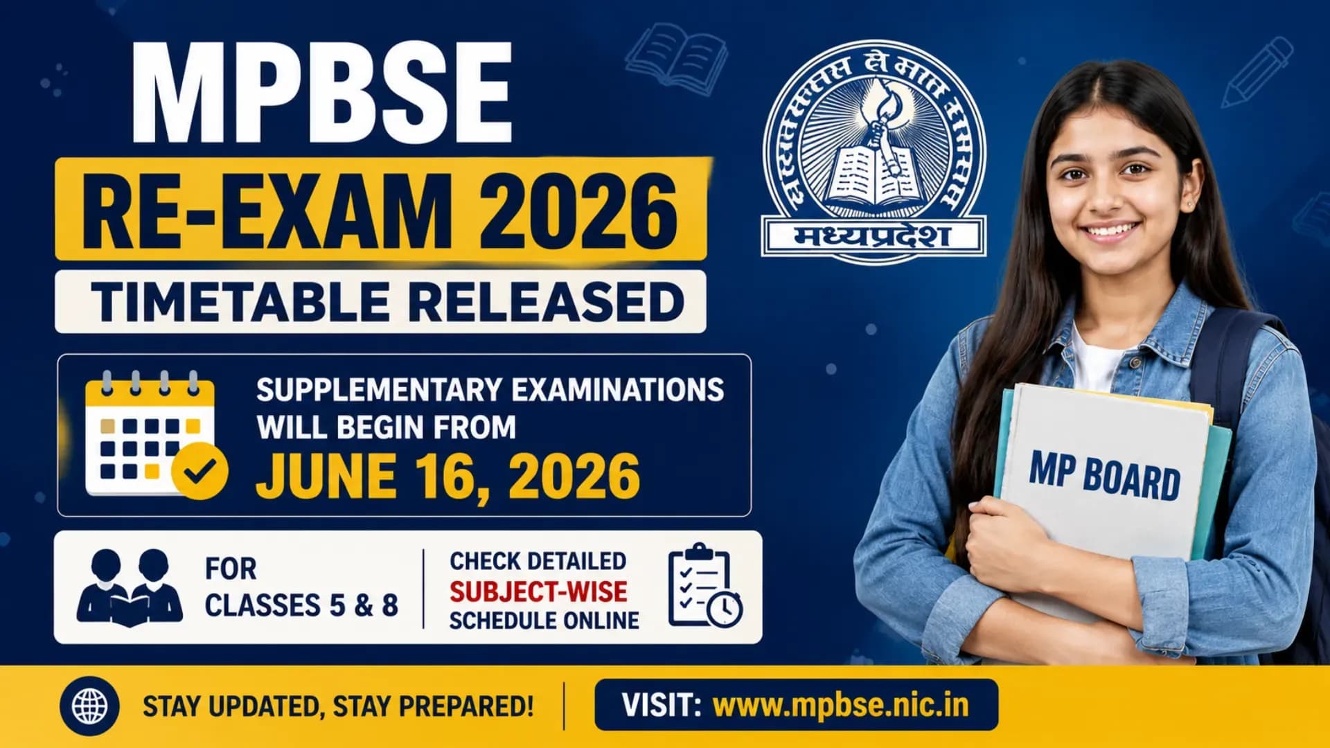 MP Board Re-Exam 2026 From June 16 for Classes 5, 8; MPBSE Supplementary Timetable Released