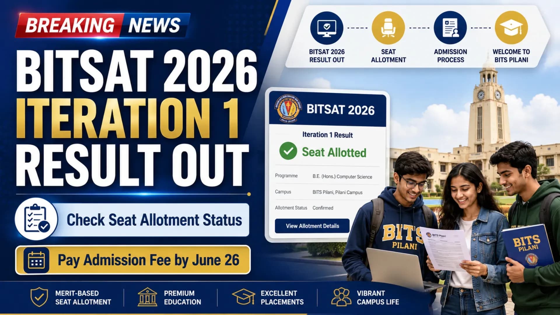 BITSAT 2026 Iteration 1 Result Out: Check Seat Allotment Status and Pay Admission Fee by June 26