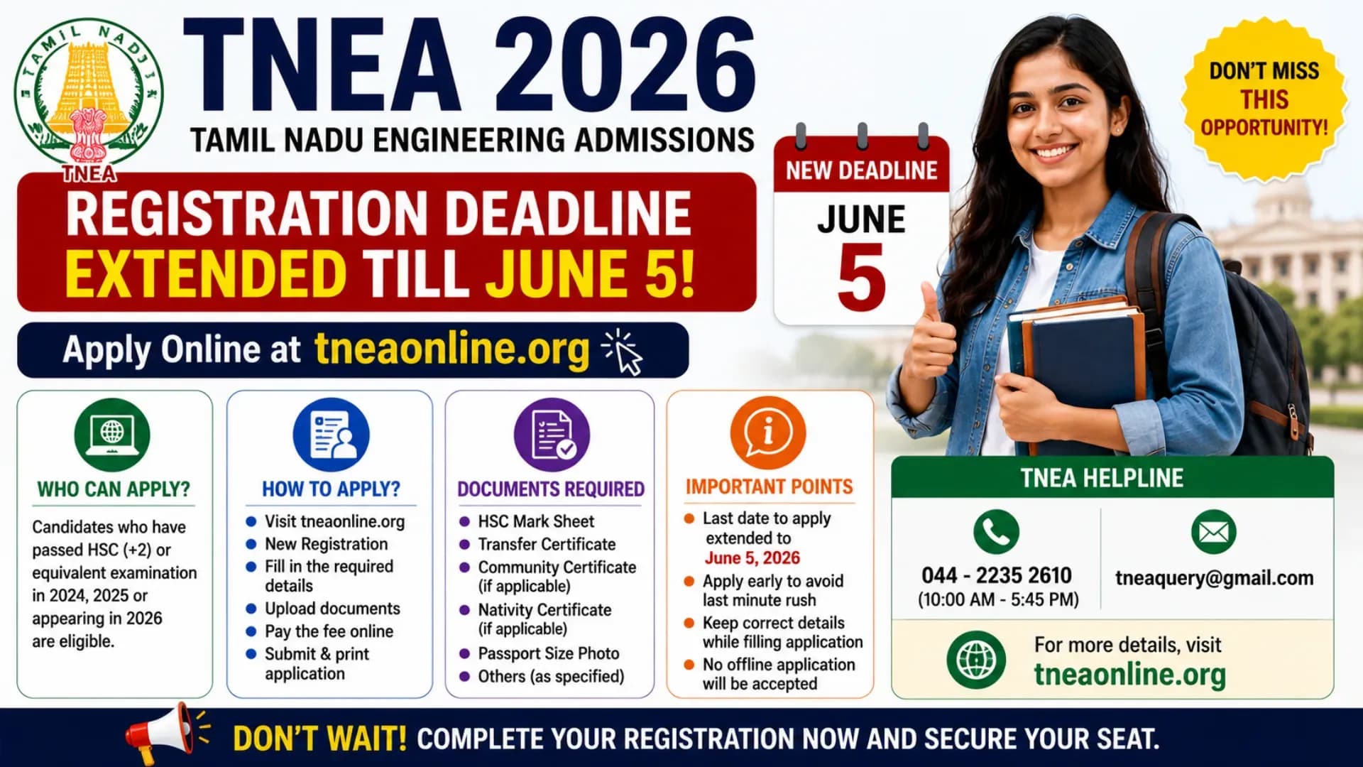 TNEA 2026 Registration Deadline Extended Till June 5; Apply Online at tneaonline.org