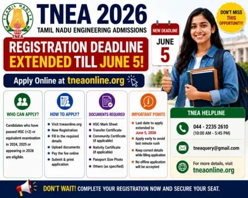 TNEA 2026 Registration Deadline Extended Till June 5; Apply Online at tneaonline.org