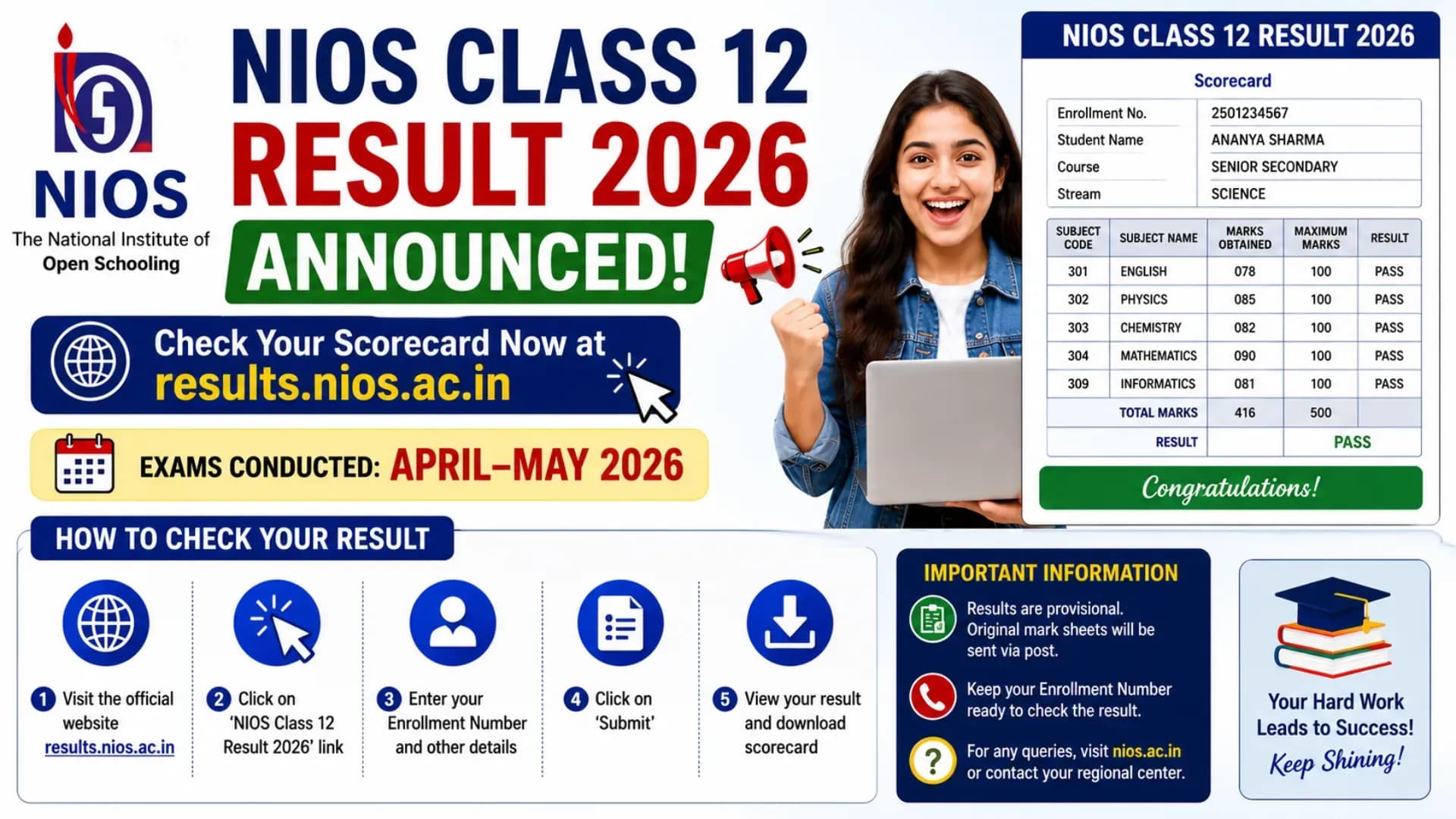 NIOS Class 12 Result 2026 Announced at results.nios.ac.in; Check April-May Exam Scorecard Here
