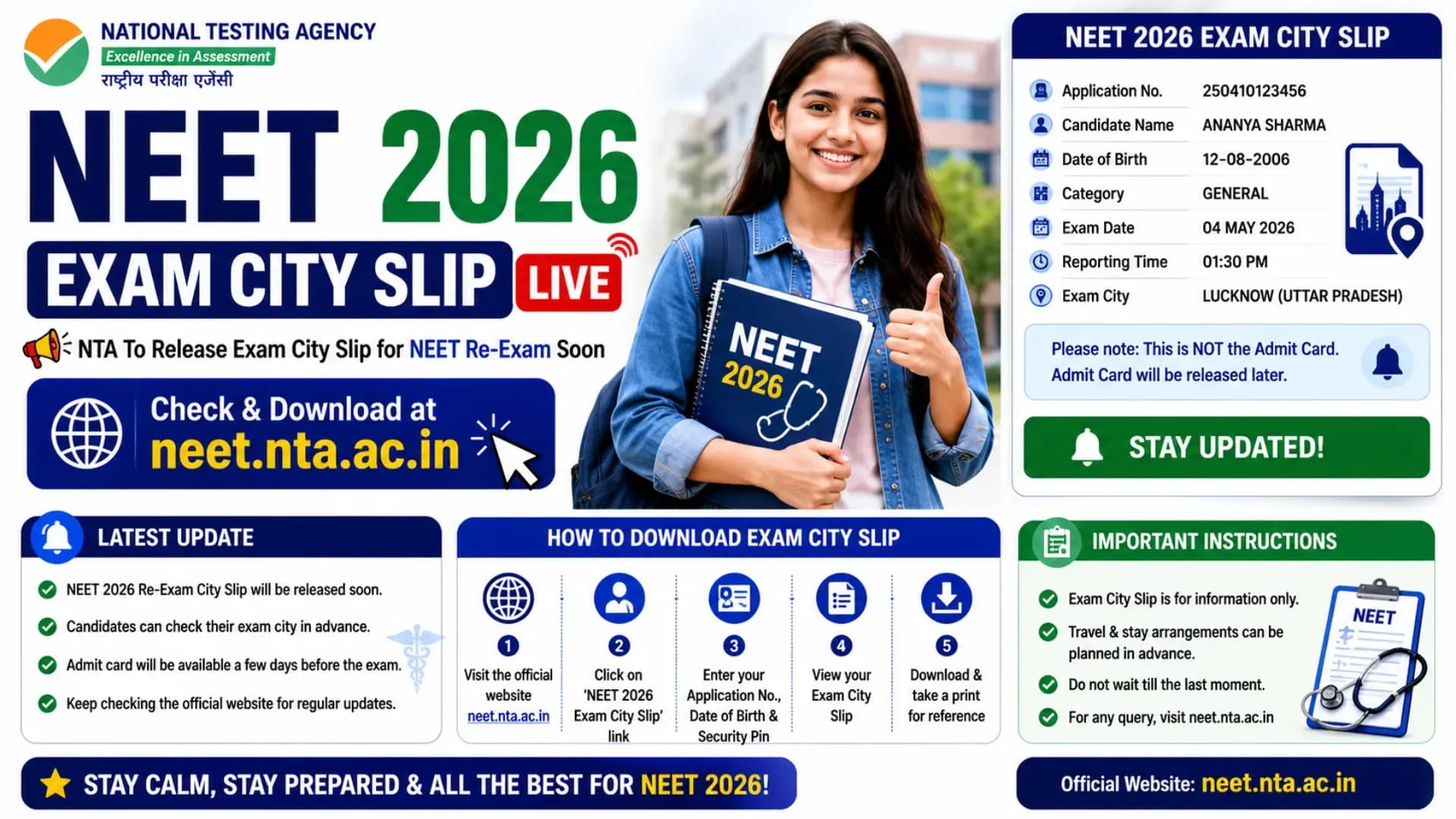 NEET Exam City Slip 2026 LIVE: NTA To Release Exam City Slip for NEET Re-Exam Soon On neet.nta.ac.in, Check Latest Update