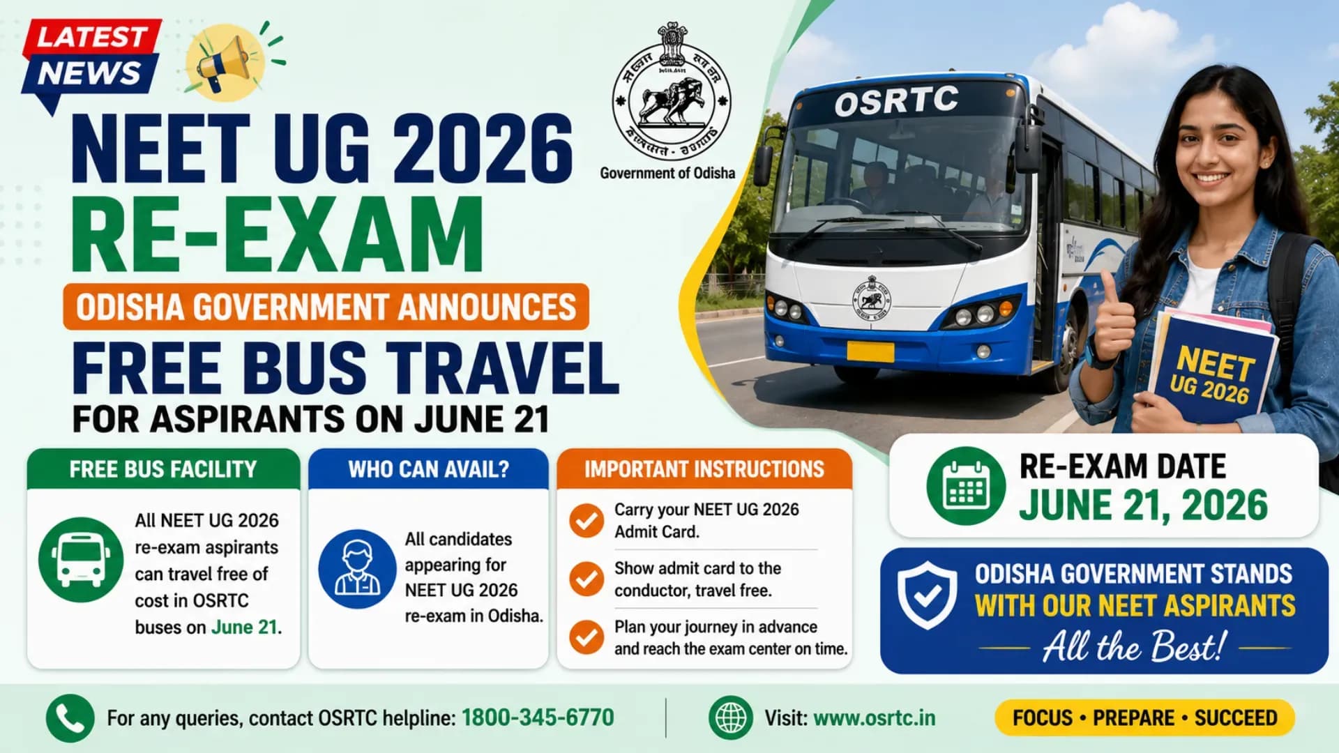 NEET UG 2026 Re-Exam: Odisha Government Announces Free Bus Travel for Aspirants on June 21