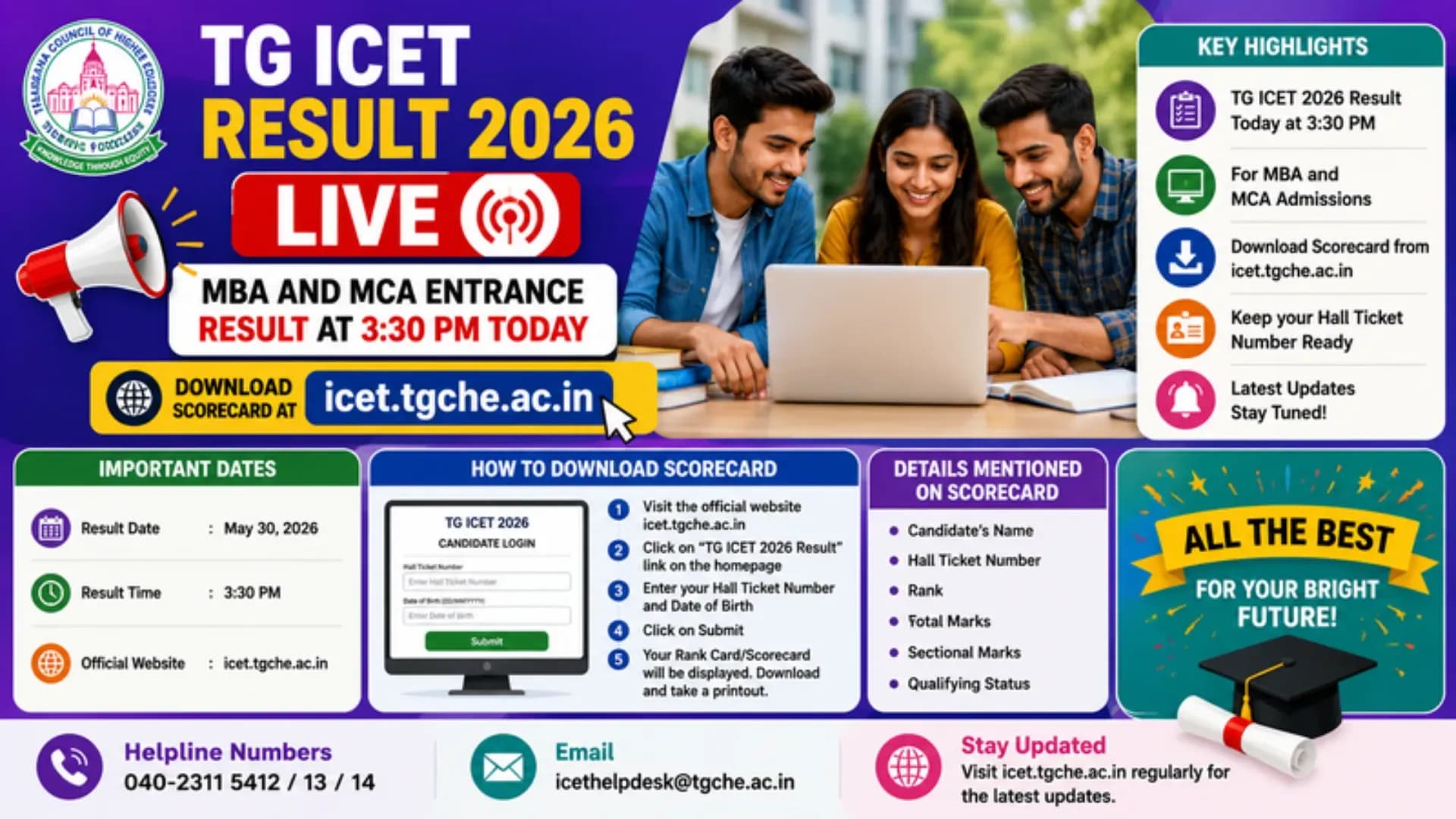 TG ICET Result 2026 LIVE: MBA and MCA Entrance Result at 3:30 PM Today, Download Scorecard at icet.tgche.ac.in