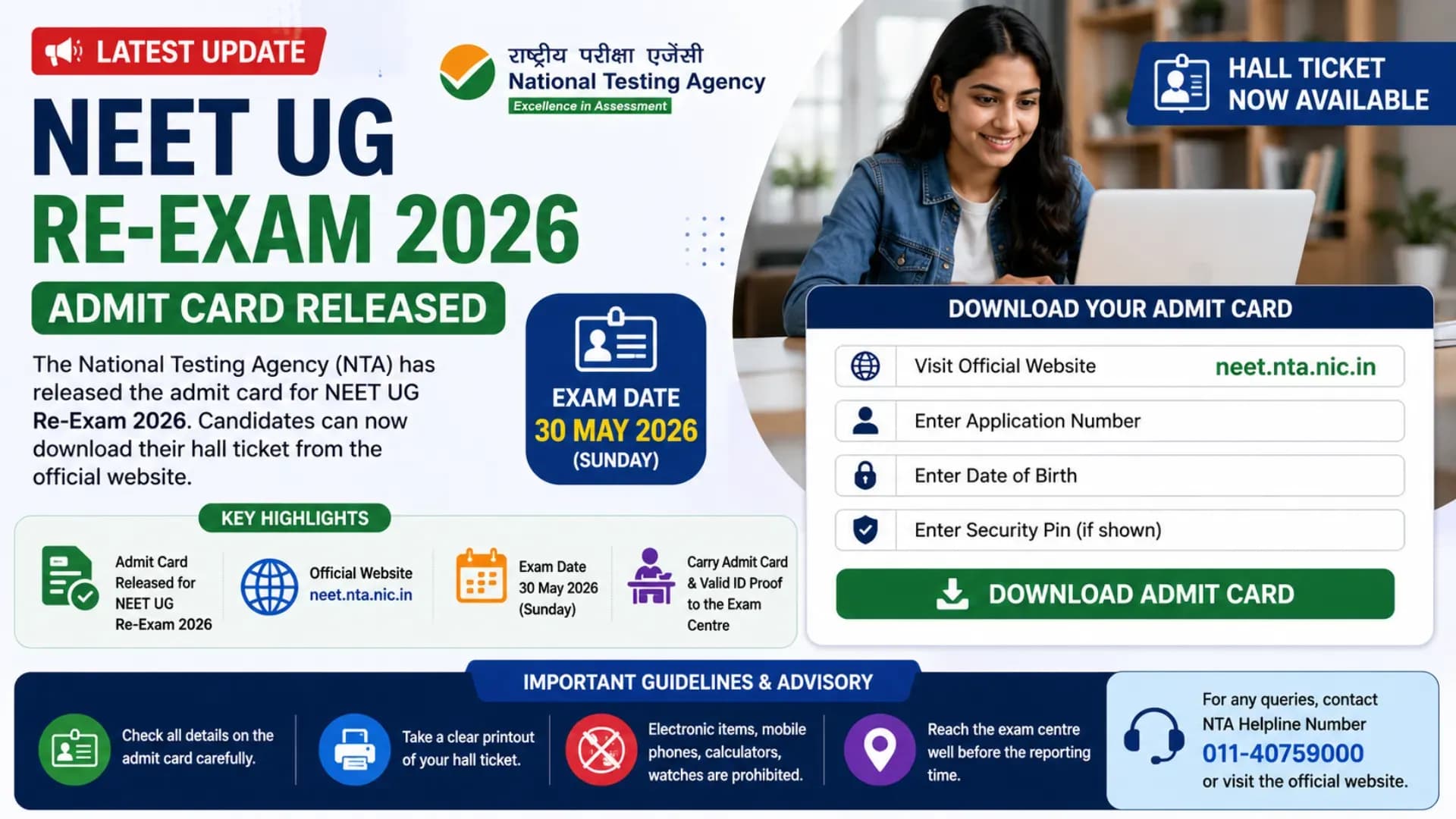 NEET UG Re-Exam Admit Card 2026 Released: NTA Link Active, Exam Hall Ticket Available at neet.nta.nic.in; Guidelines, Advisory Details Here