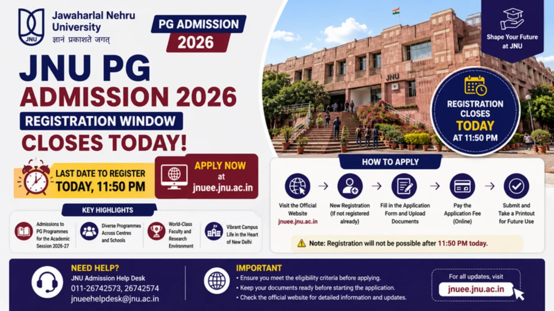 JNU PG Admission 2026: Registration Window Closes Today at 11:50 PM, Apply Now at jnuee.jnu.ac.in