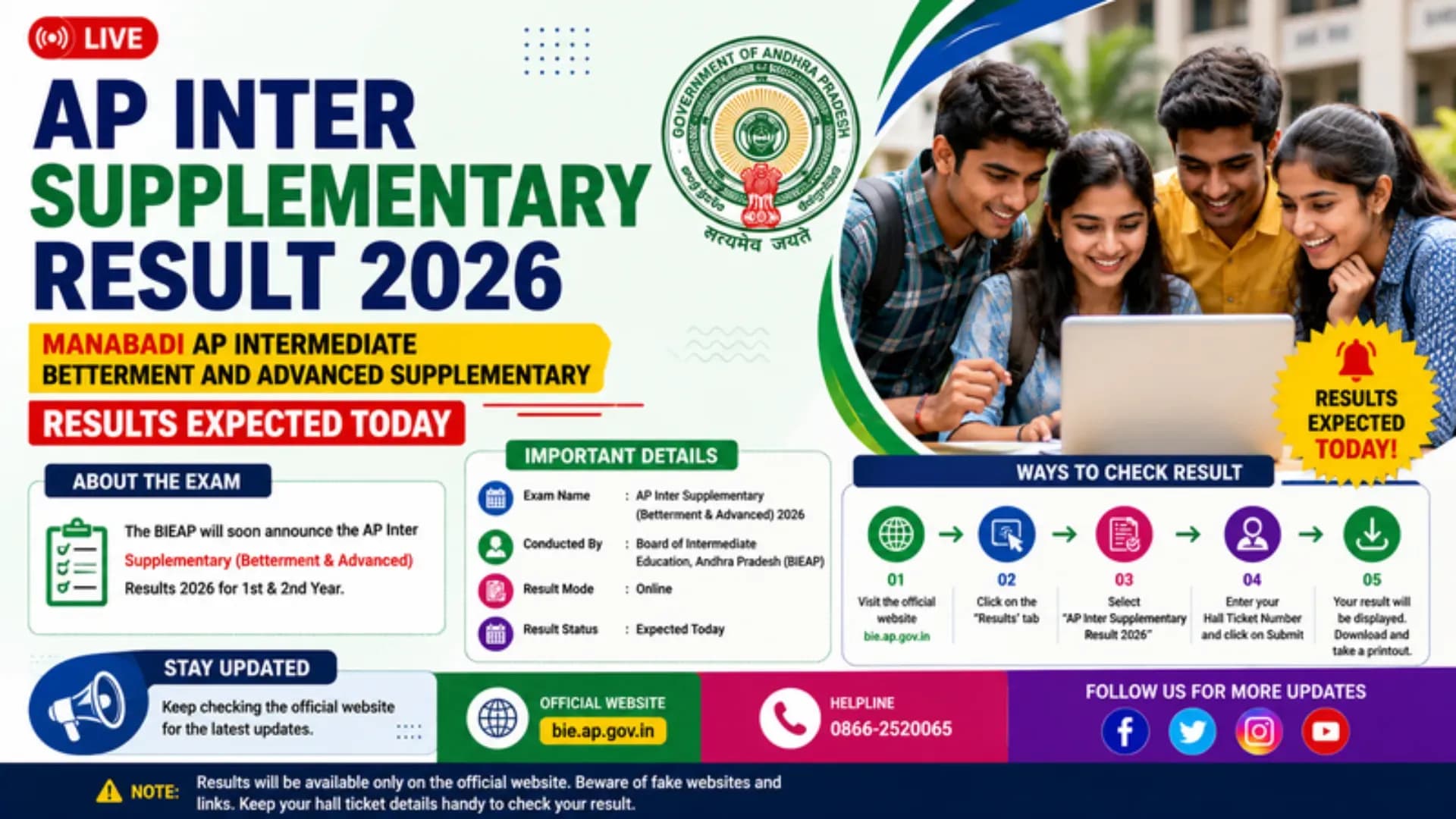 AP Inter Supplementary Result 2026 LIVE: Manabadi AP Intermediate Betterment and Advanced Supplementary Results Expected Today at bie.ap.gov.in