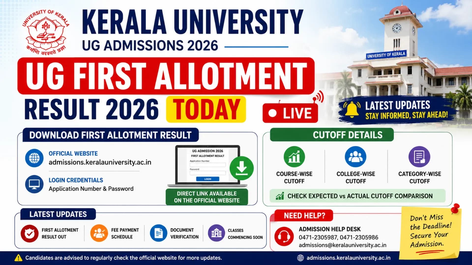 Kerala University UG First Allotment Result 2026 (TODAY) LIVE: Download Link, Cutoff Details and Latest Updates