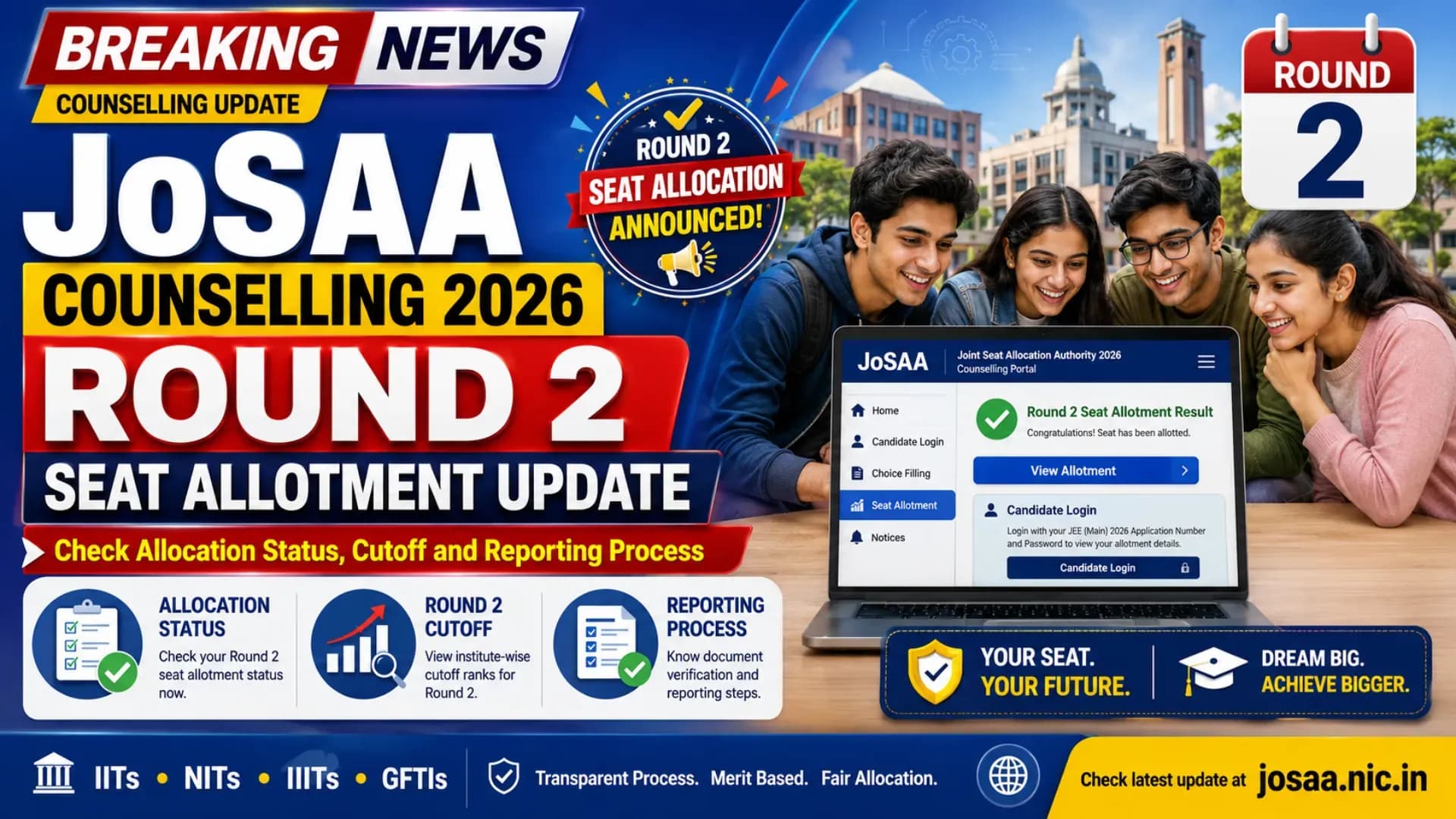 JoSAA Counselling 2026 Round 2 Seat Allotment Update: Check Allocation Status, Cutoff and Reporting Process