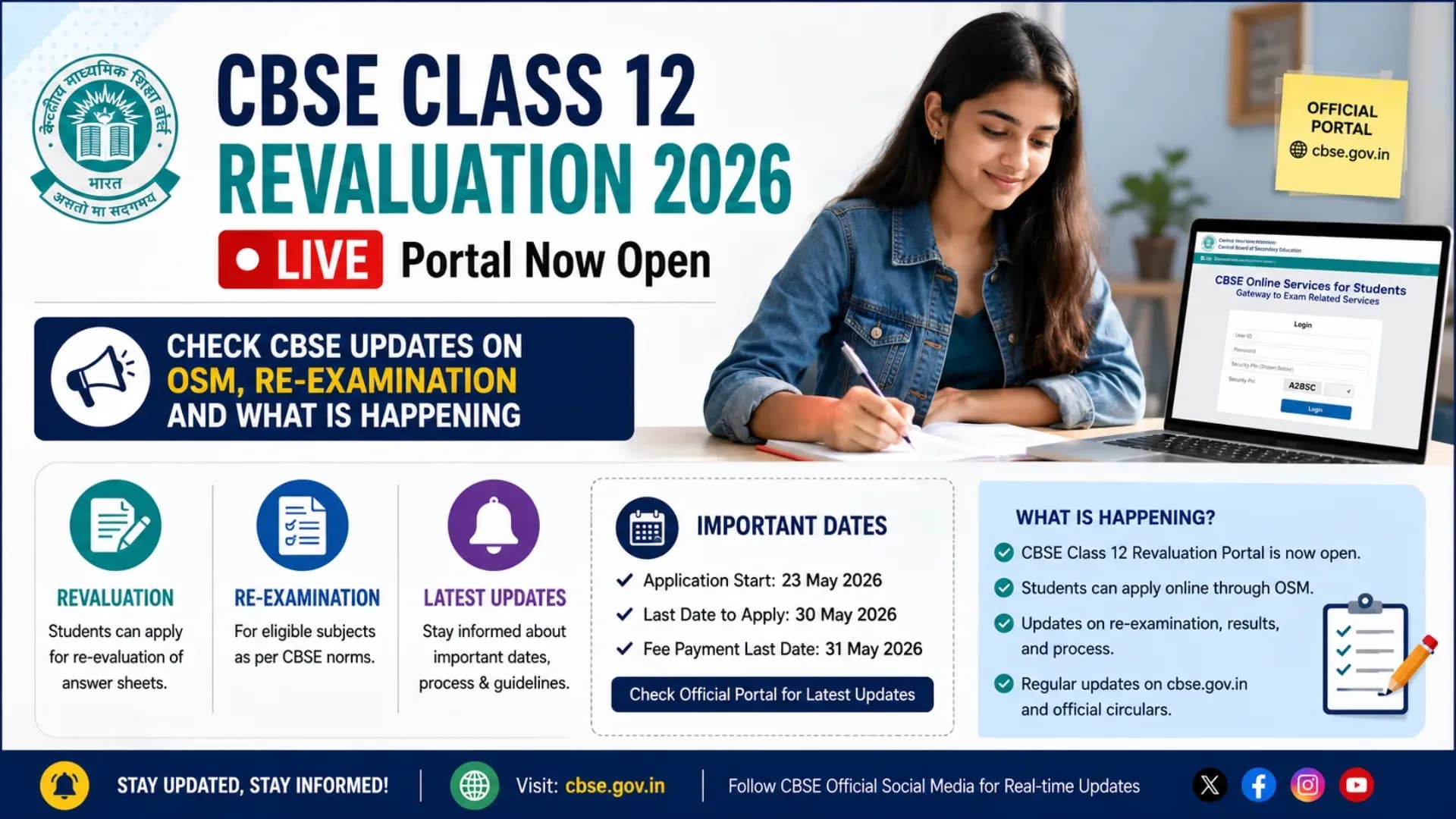 CBSE Class 12 Revaluation 2026 LIVE: Portal Now Open, Check CBSE Updates on OSM, Re-examination and What is Happening