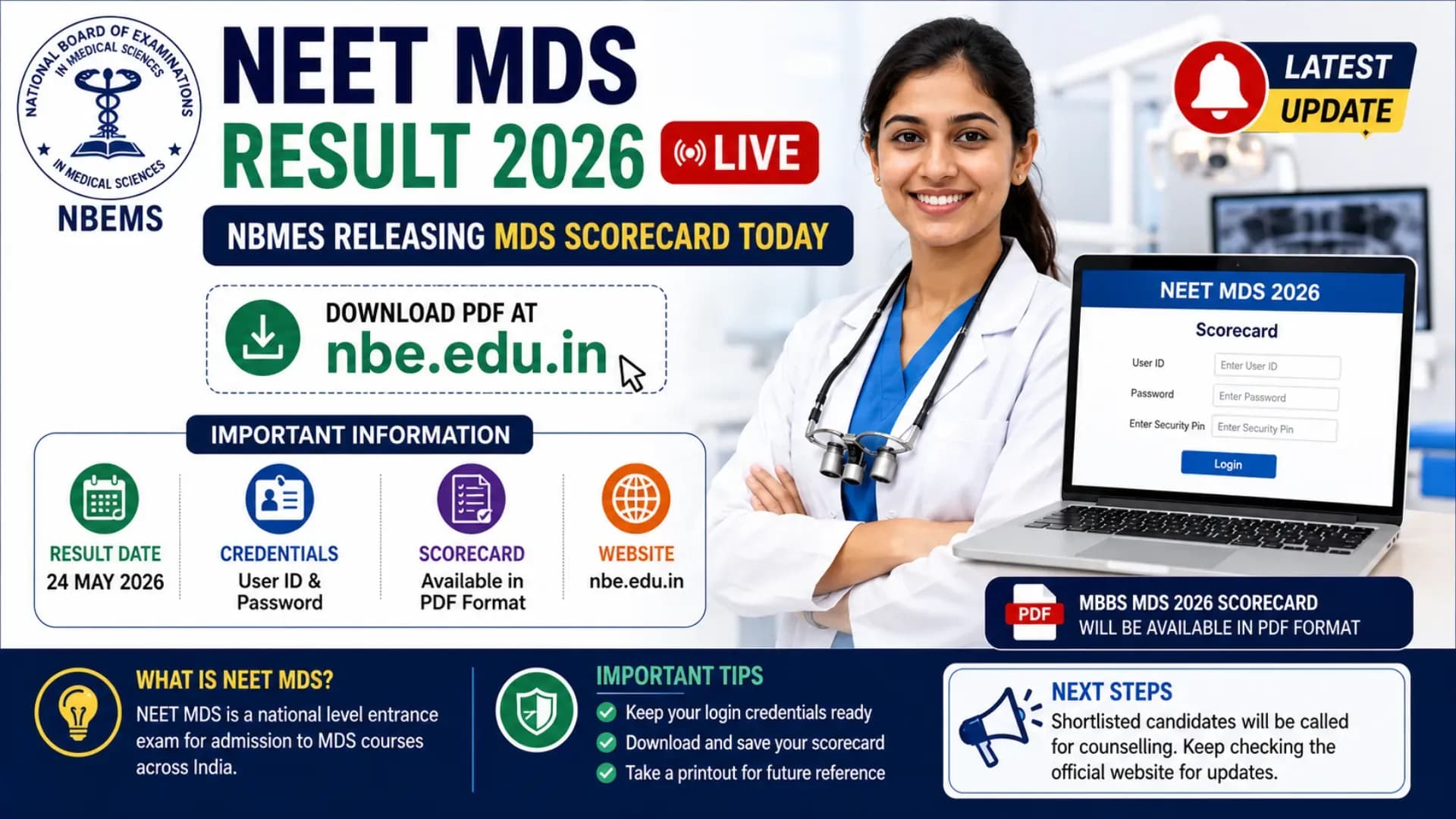 NEET MDS Result 2026 LIVE: NBMES Releasing MDS Scorecard Today; Download PDF at nbe.edu.in