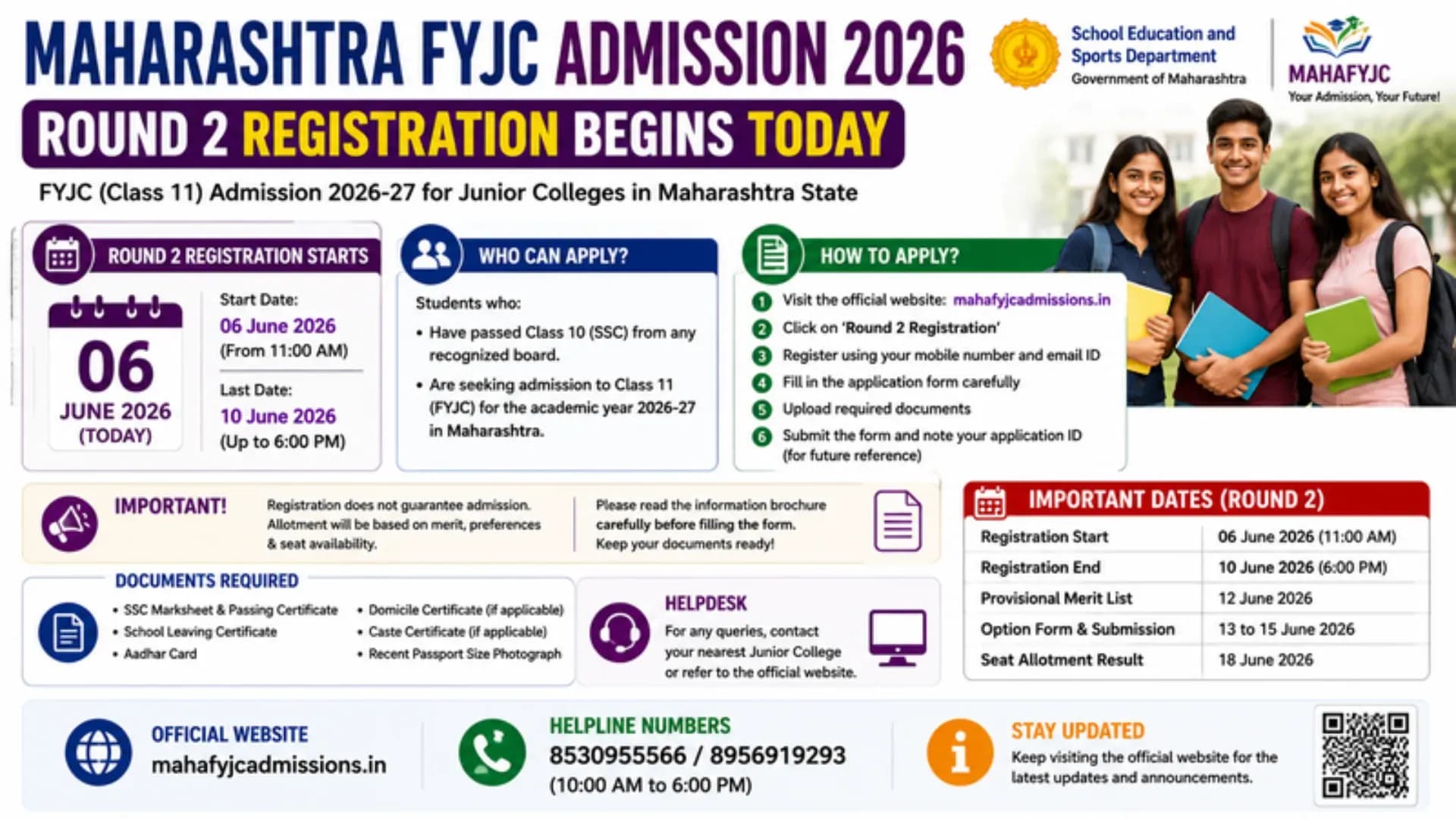 Maharashtra FYJC Admission 2026: Round 2 Registration Begins Today