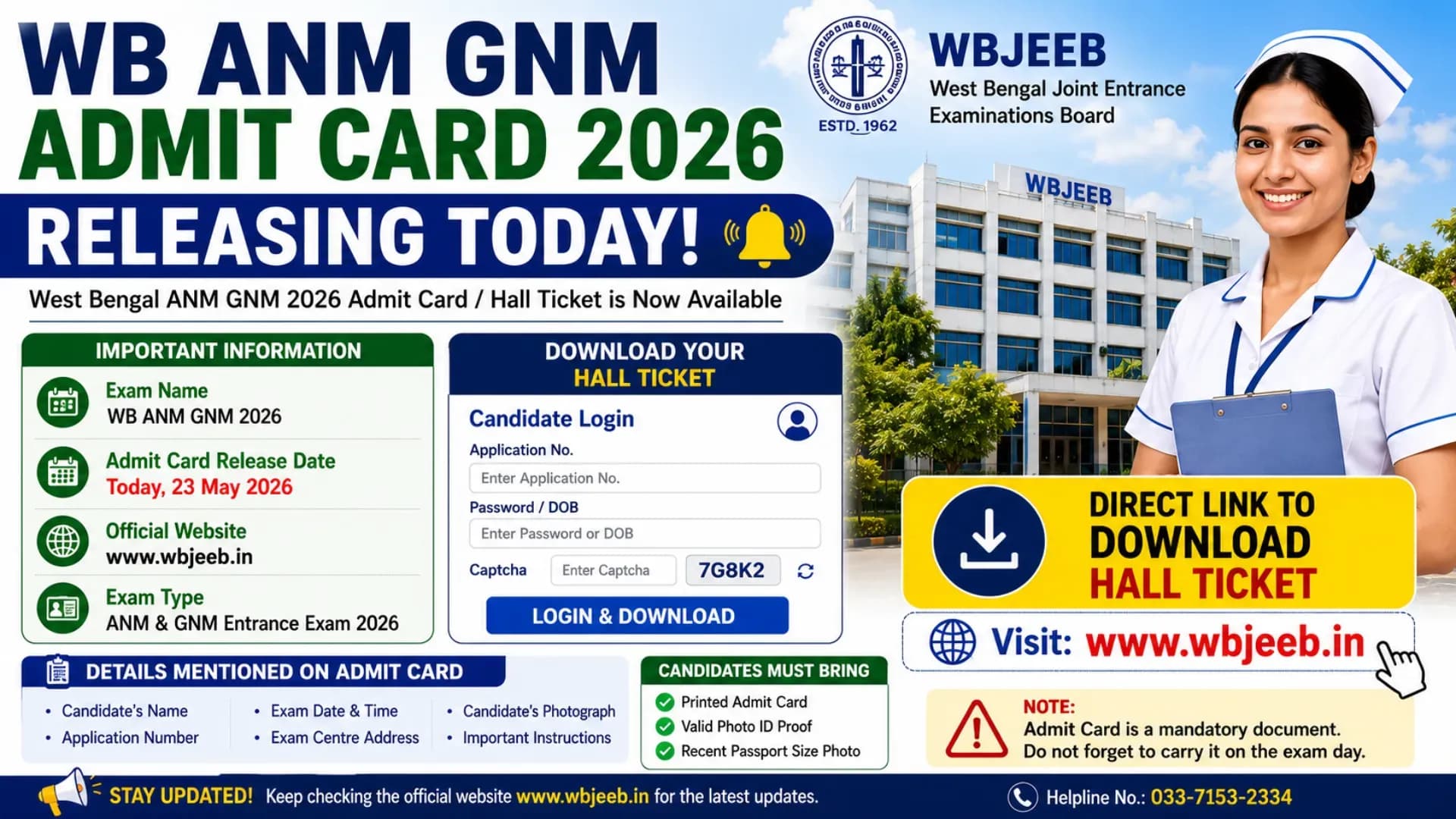 WB ANM GNM Admit Card 2026 Releasing Today at wbjeeb.in, Direct Link to Download Hall Ticket