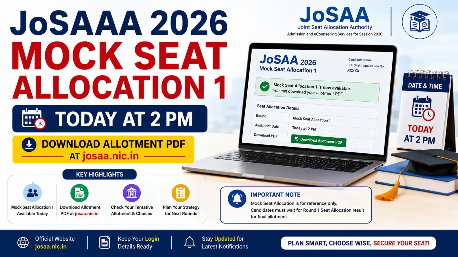 JoSAA 2026 Mock Seat Allocation 1 Today at 2 PM, Download Allotment PDF at josaa.nic.in