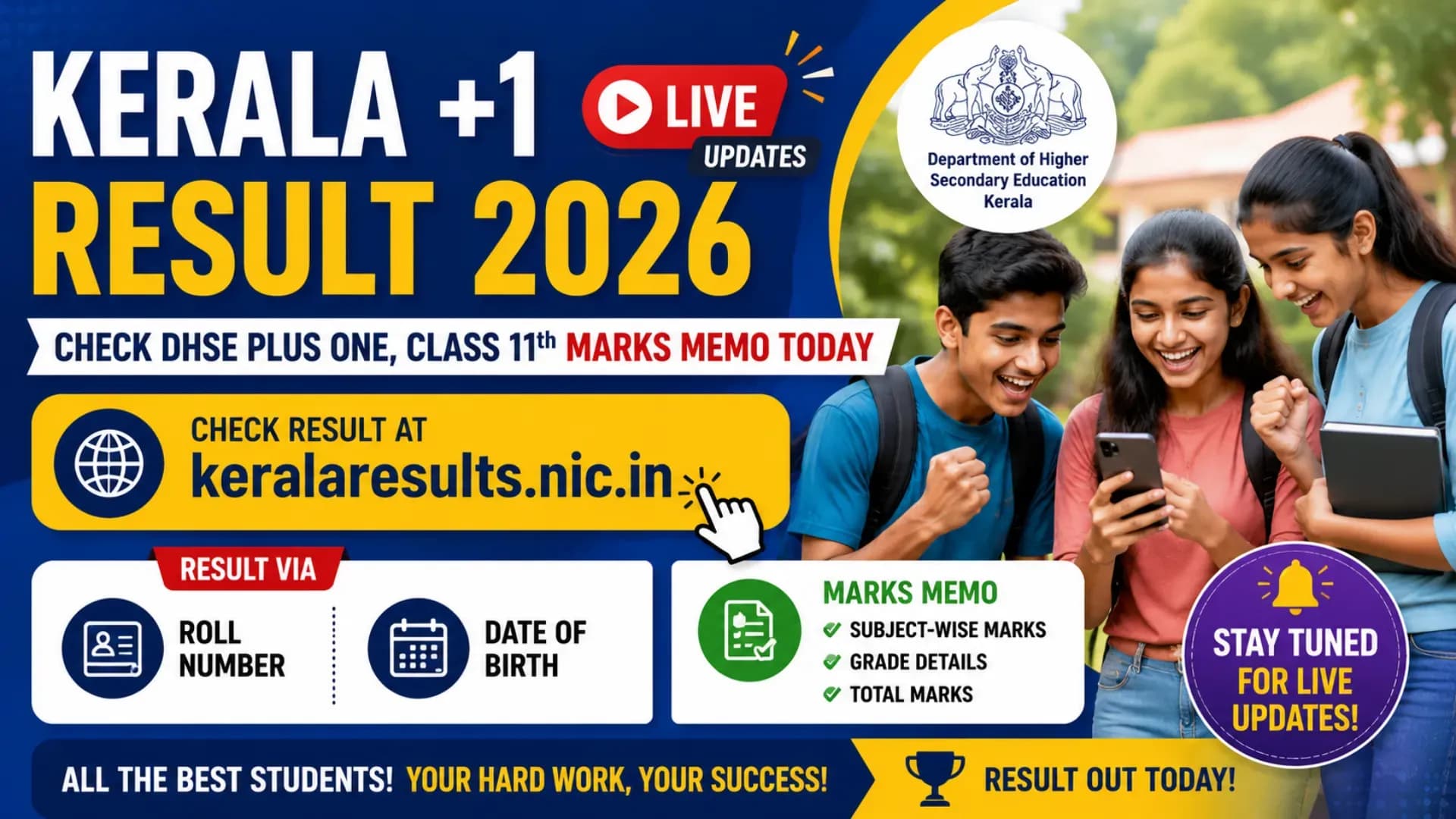 Kerala +1 Result 2026 Live: Check DHSE Plus One, Class 11th Marks Memo Today at keralaresults.nic.in Via Roll No, DOB Details