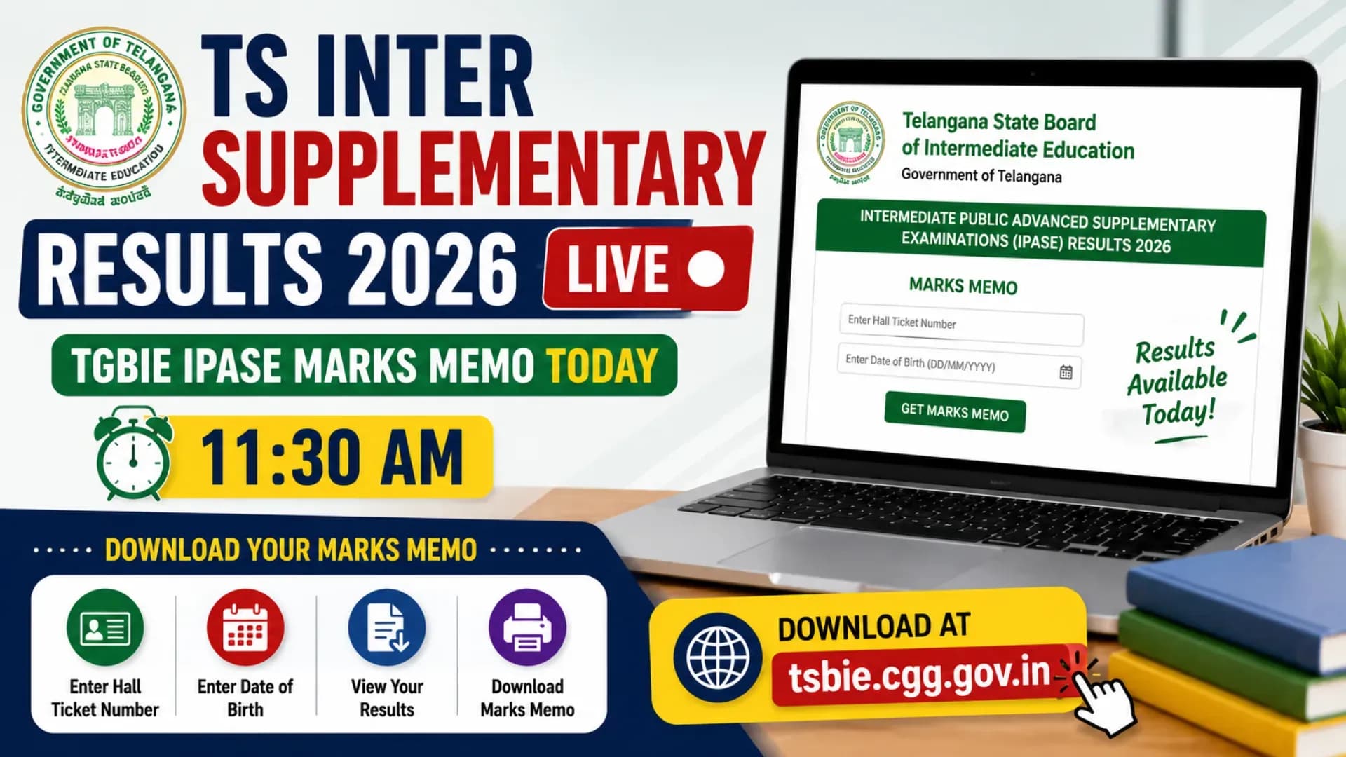 TS Inter Supplementary Results 2026 LIVE: TGBIE IPASE Marks Memo Today at 11:30 AM, Download at tsbie.cgg.gov.in