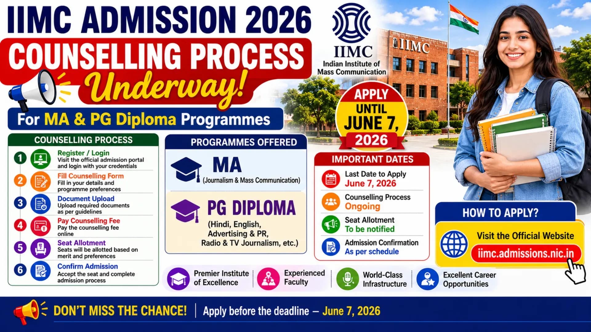 IIMC Admission 2026 Counselling Process for MA and PG Diploma Programmes Underway, Apply Until June 7 at iimc.admissions.nic.in