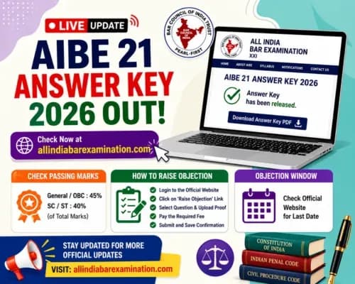 The Bar Council of India has released the AIBE 21 provisional answer key 2026. Candidates can now check passing marks, download the answer key PDF, and raise objections online.