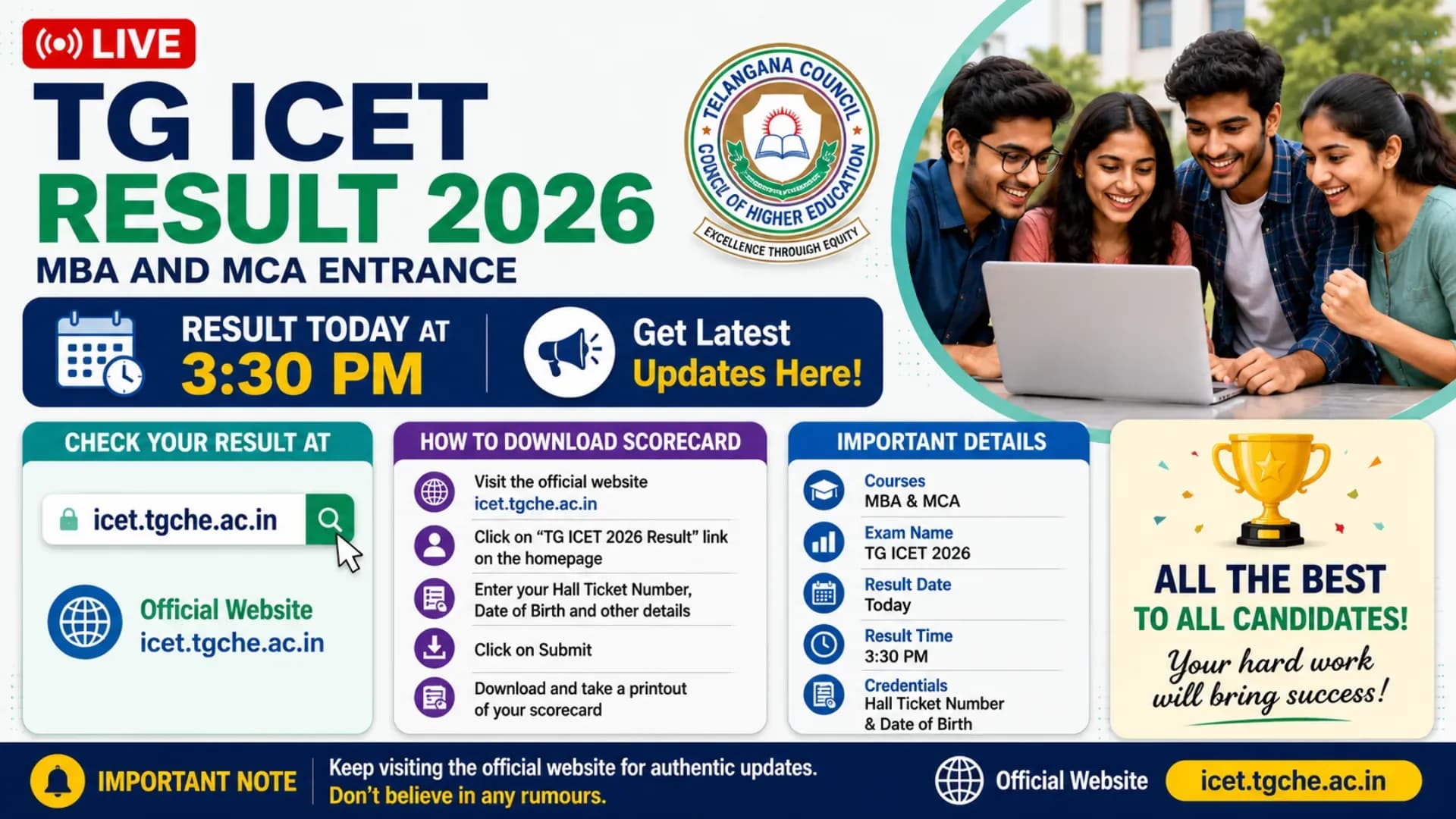 TG ICET Result 2026 LIVE: MBA and MCA Entrance Result at 3:30 PM Today, Download Scorecard at icet.tgche.ac.in
