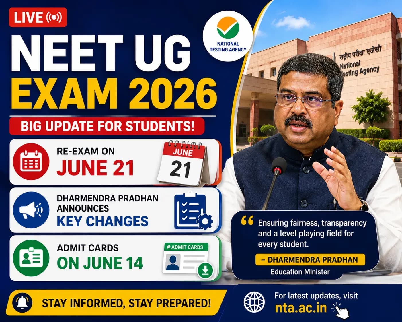 NEET UG Exam 2026 Live: Re-Exam on June 21, Dharmendra Pradhan Announces Key Changes, Admit Cards on June 14 generate image for size 1920*1080