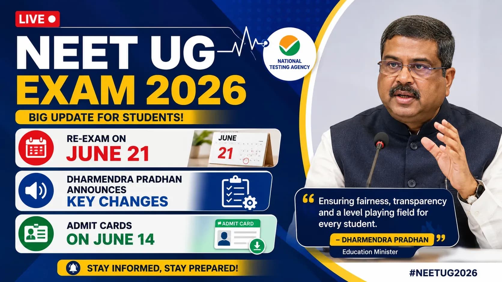 NEET UG Exam 2026 Live: Re-Exam on June 21, Dharmendra Pradhan Announces Key Changes, Admit Cards on June 14