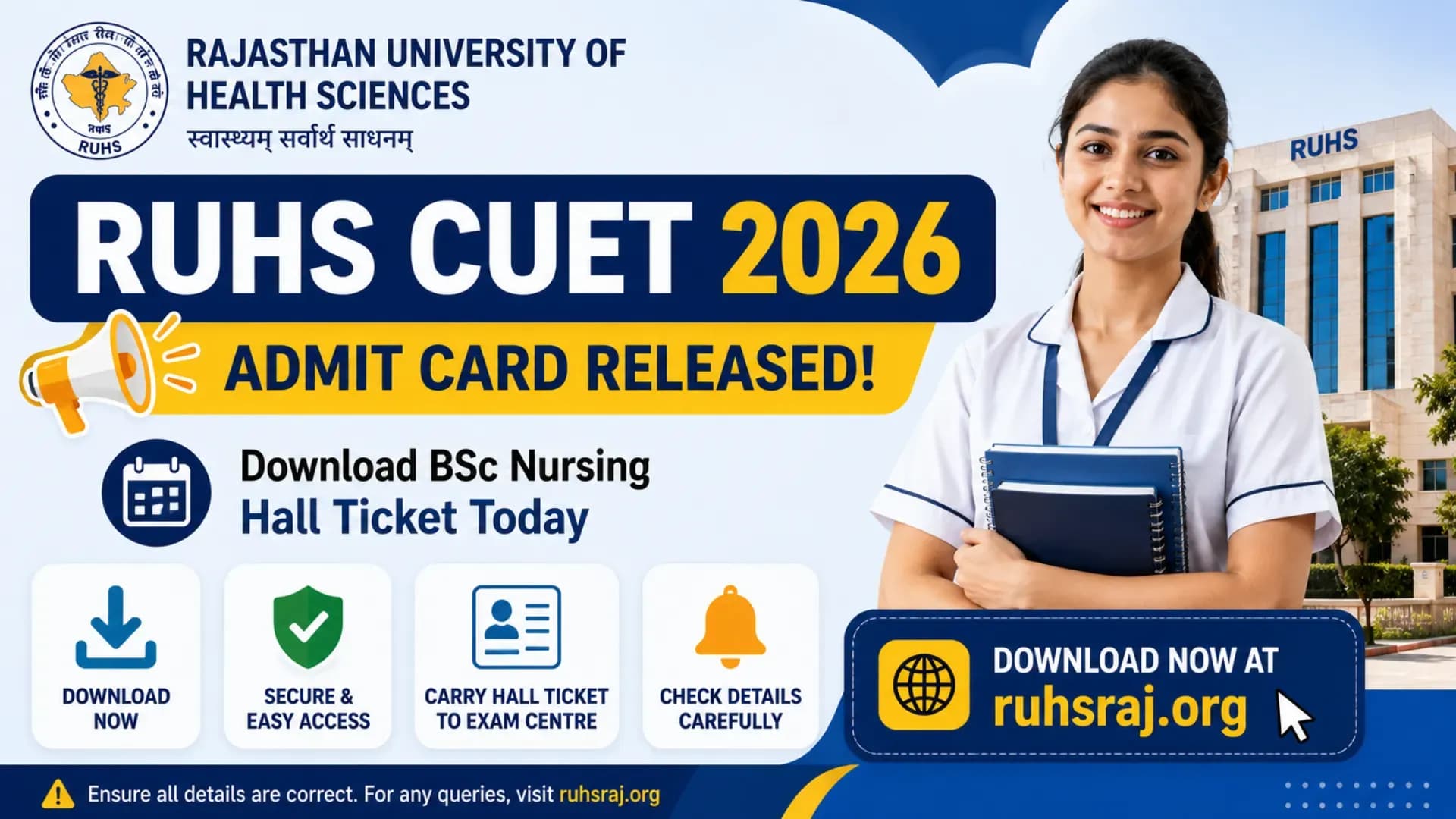 RUHS CUET 2026 Admit Card Released: Download BSc Nursing Hall Ticket Today at ruhsraj.org