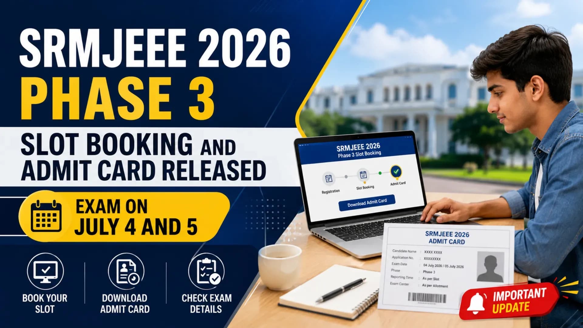 SRMJEEE 2026 Phase 3 Slot Booking and Admit Card Released: Exam on July 4 and 5
