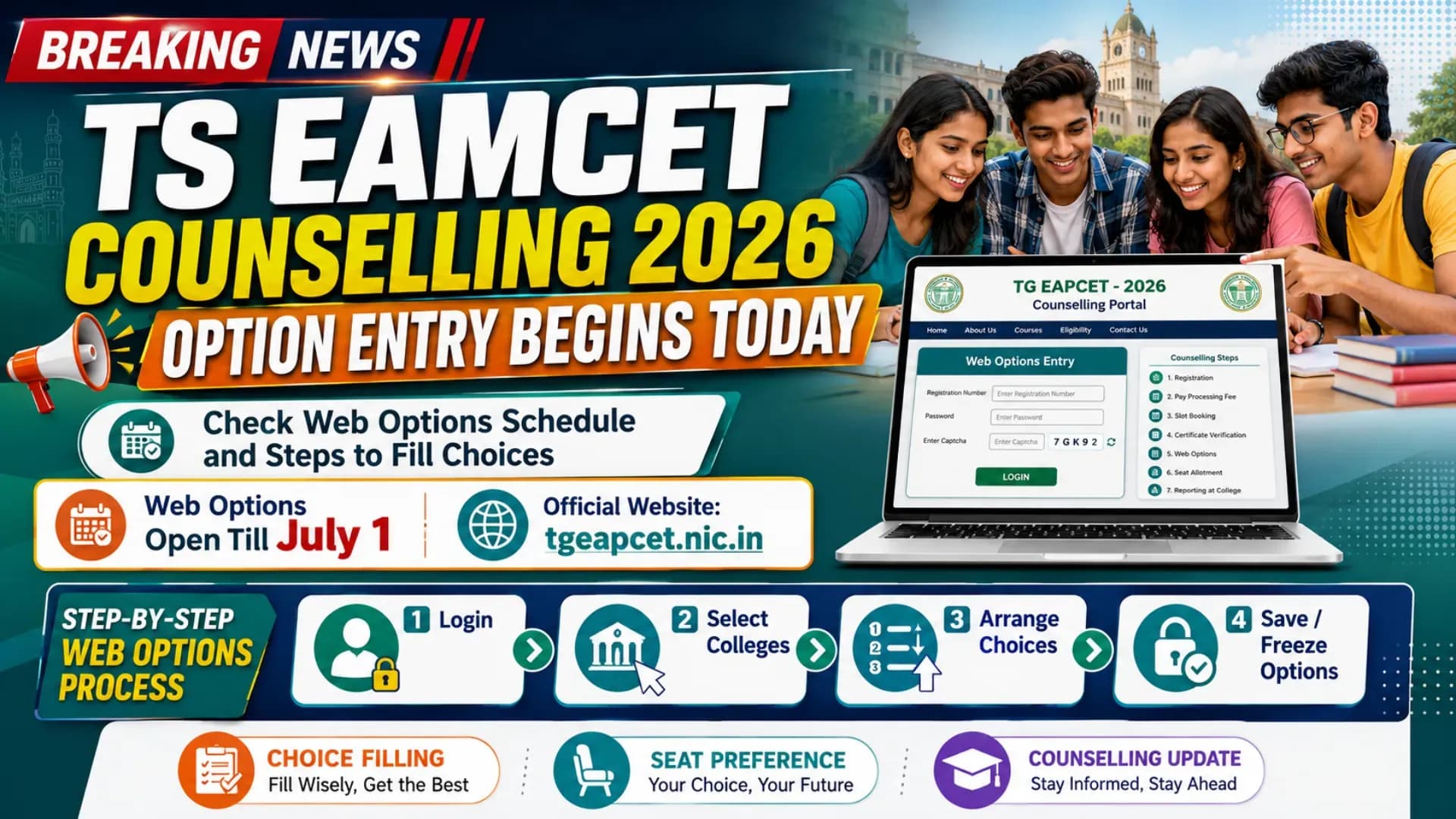 TS EAMCET Counselling 2026 Option Entry Begins Today: Check Web Options Schedule and Steps to Fill Choices