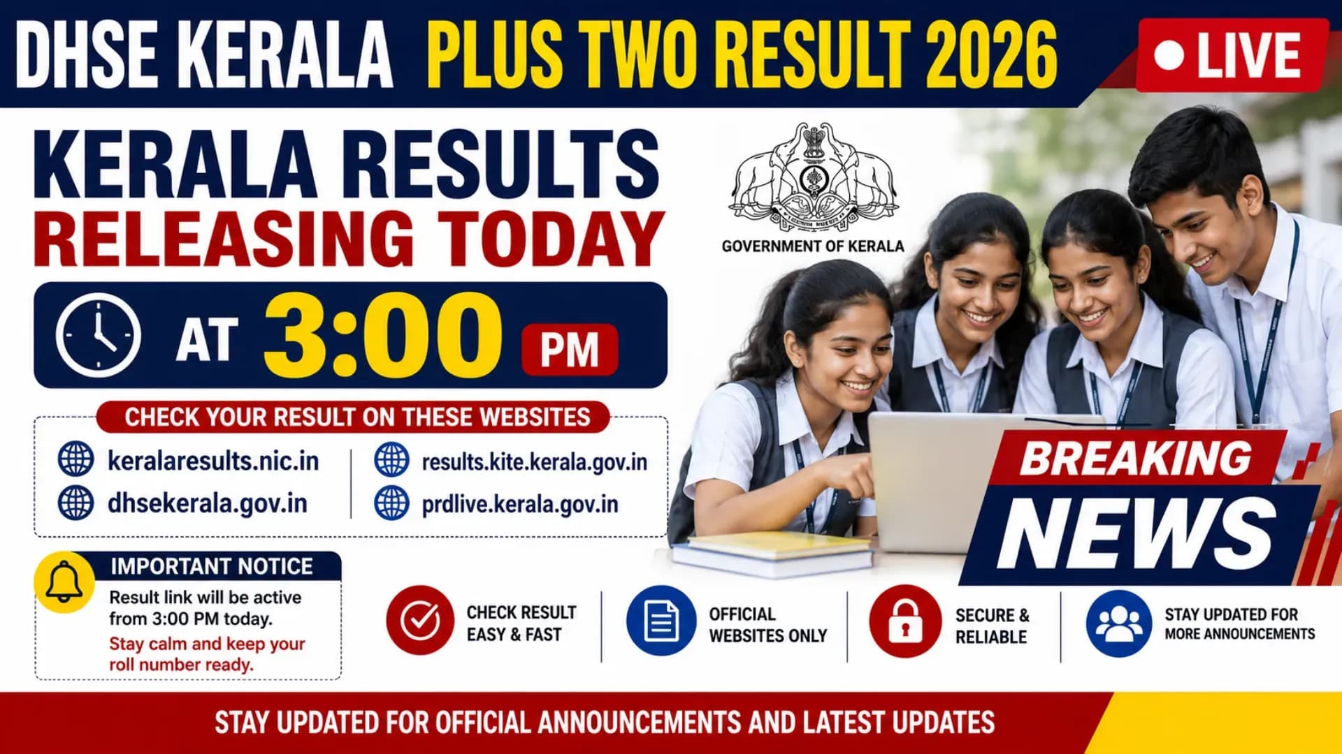 DHSE Kerala Plus Two Result 2026 LIVE: Kerala Results Releasing Today at 3 PM on These Websites, Check Important Notice and Updates