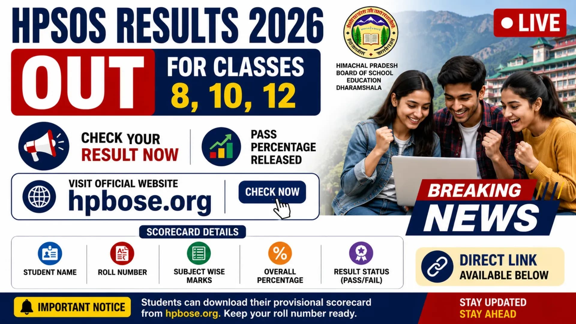 HPSOS Results 2026 OUT for Classes 8, 10, 12 at hpbose.org: Check Pass Percentage, Direct Link & Scorecard Details