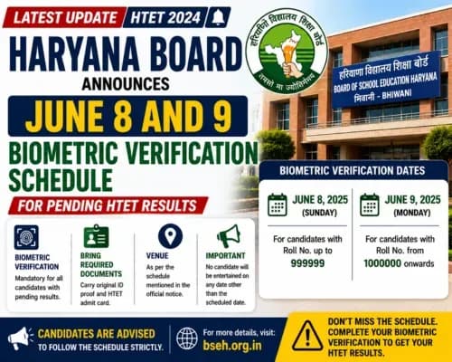 Haryana Board Announces June 8 and 9 Biometric Verification Schedule for Pending HTET Results