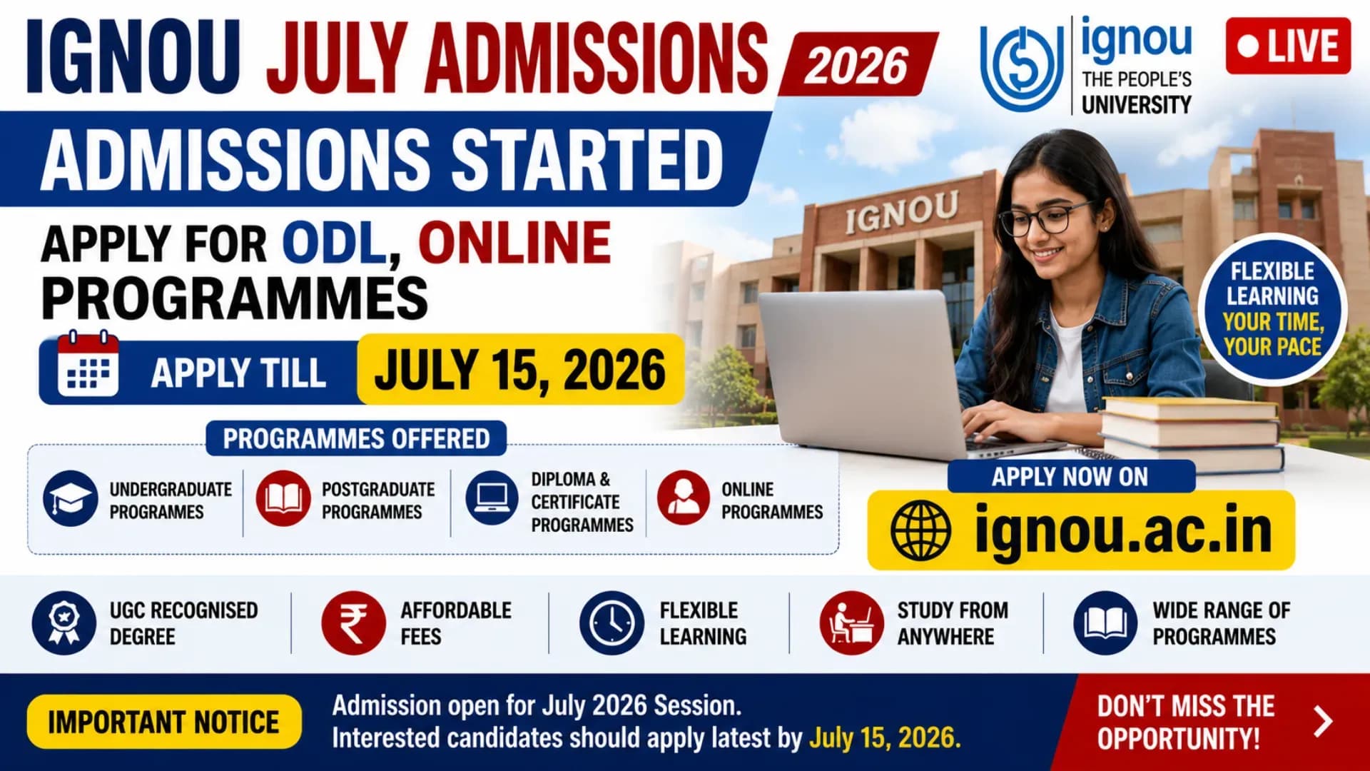 IGNOU July Admissions 2026 Start at ignou.ac.in; Apply for ODL, Online Programmes Till July 15