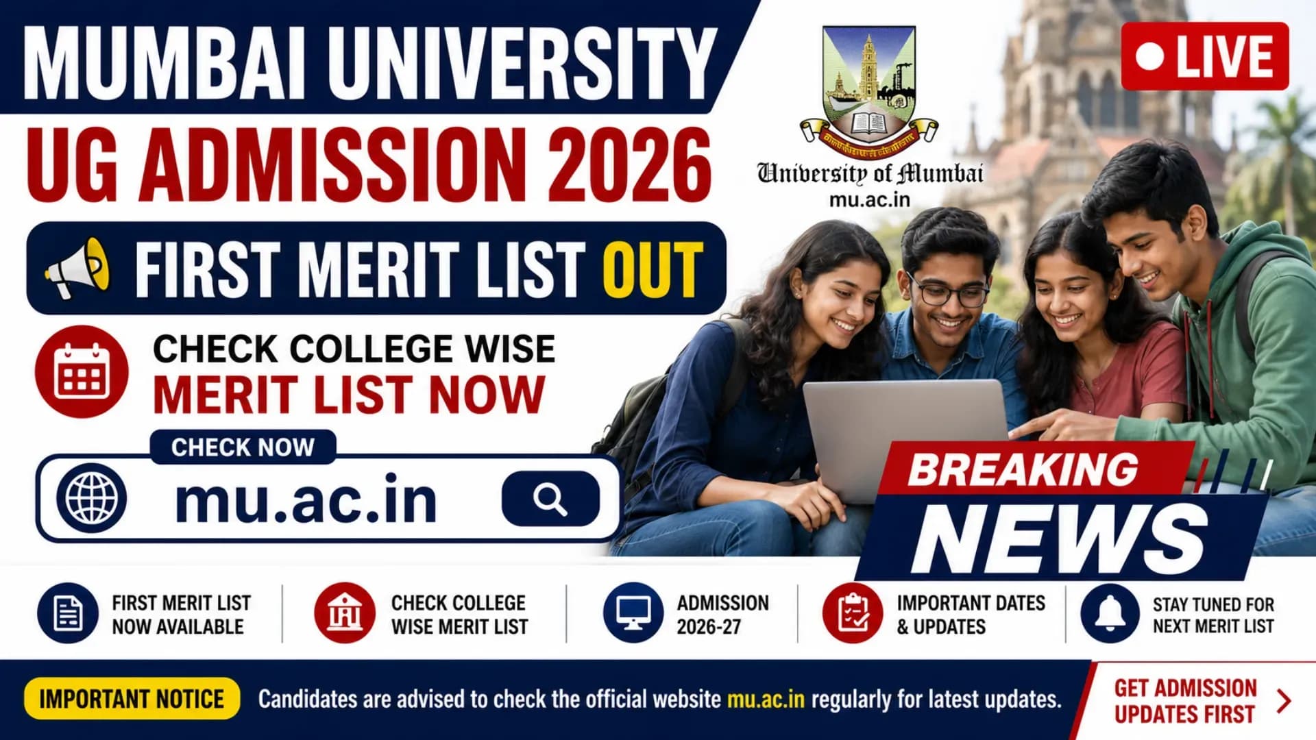 Mumbai University UG Admission 2026 LIVE: First Merit List Out at mu.ac.in, Check College Wise Merit List