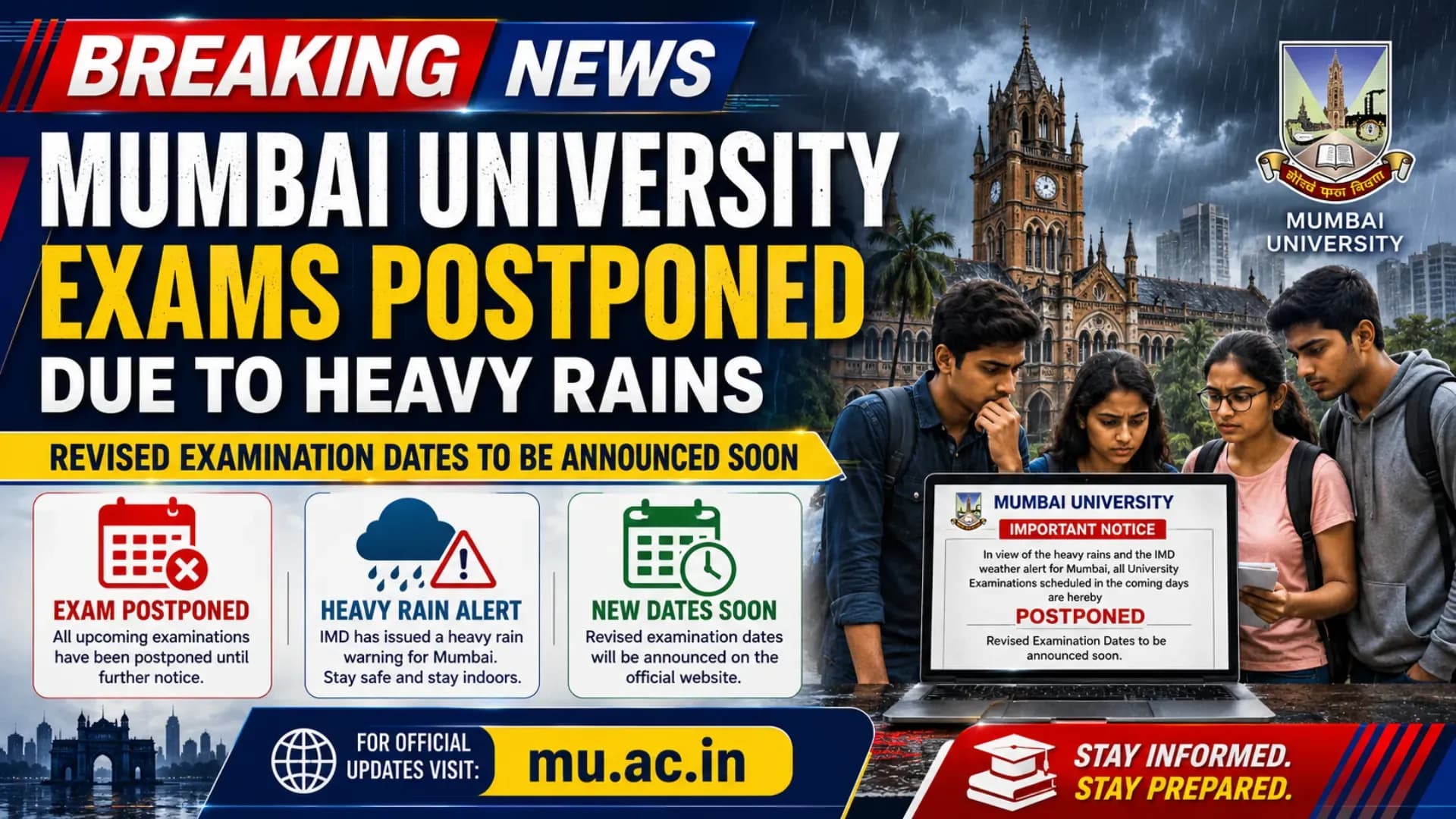 Mumbai University Exams Postponed Due to Heavy Rains: Revised Examination Dates to Be Announced Soon