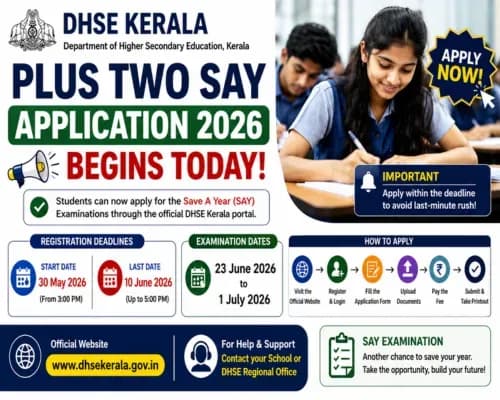 DHSE Kerala Plus Two SAY Application 2026 Begins Today; Check Registration Deadlines and Exam Dates