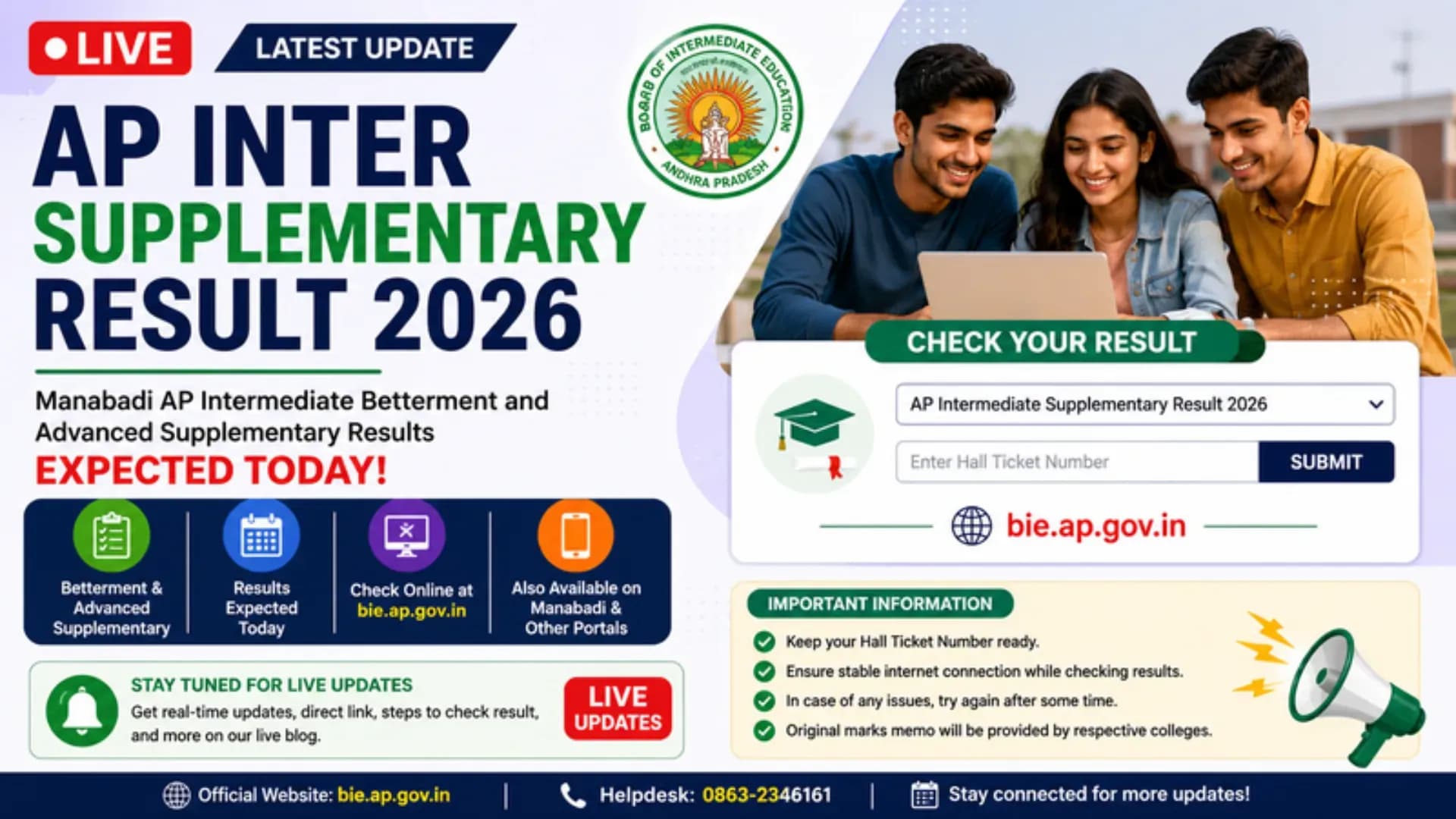 AP Inter Supplementary Result 2026 LIVE: Manabadi AP Intermediate Betterment and Advanced Supplementary Results Expected Today at bie.ap.gov.in