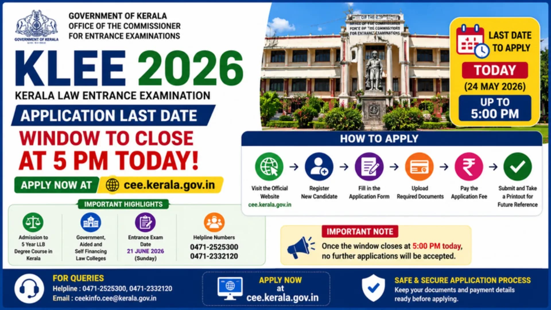 KLEE 2026: Application Last Date, Window to Close at 5 PM Today, Apply at cee.kerala.gov.in