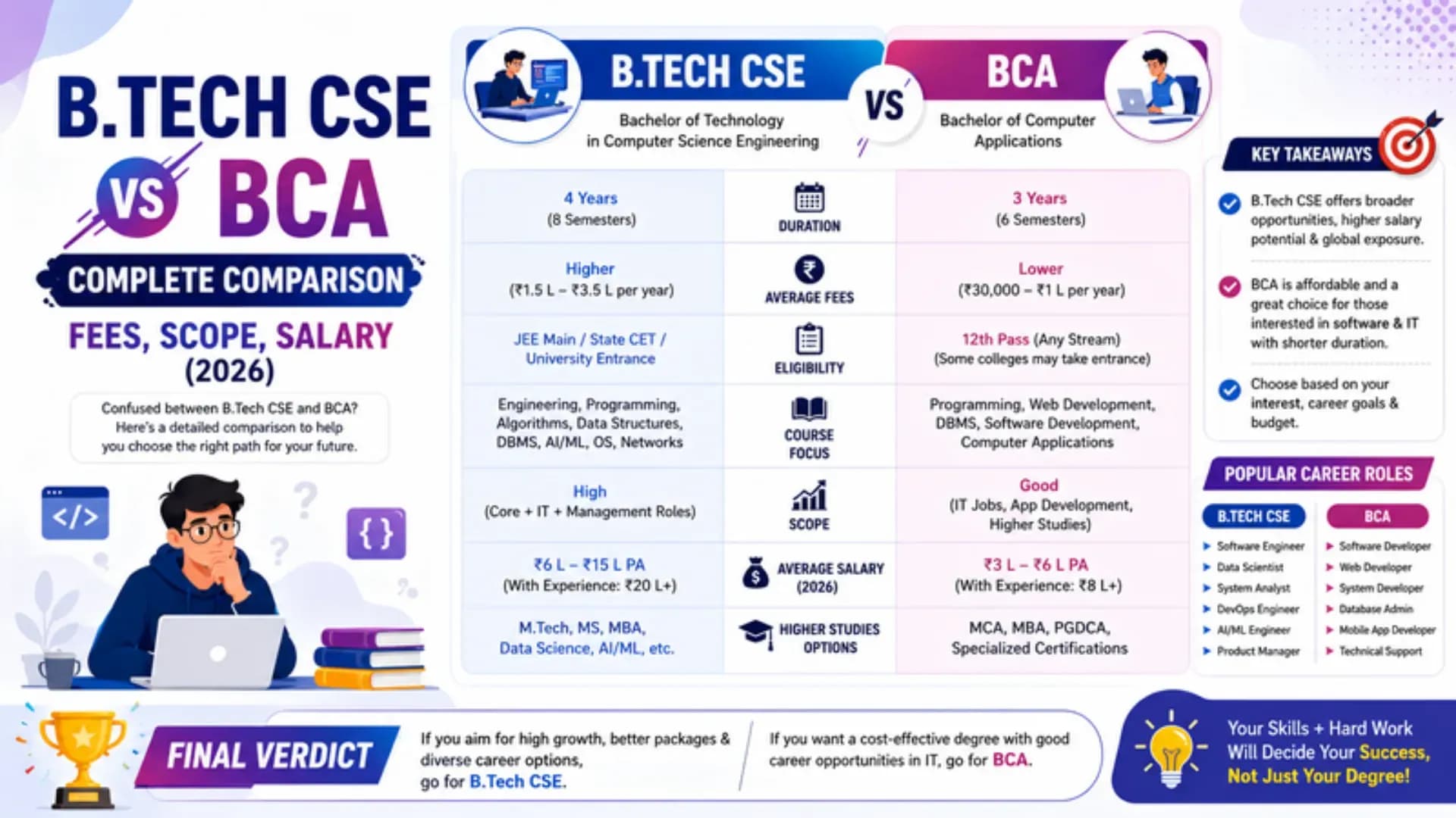 B.Tech CSE vs BCA: Complete Comparison — Fees, Scope, Salary (2026)