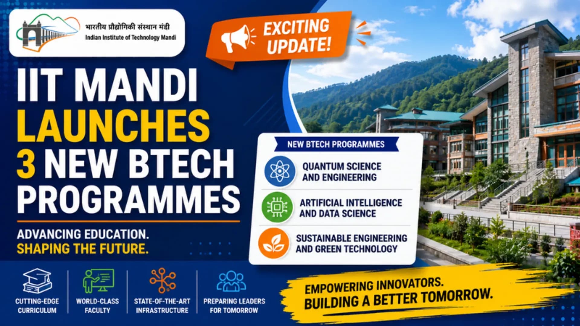 IIT Mandi has introduced three new BTech programmes, including Quantum Science and Engineering, to align with emerging technologies and future industry demands. The new courses aim to equip students with advanced skills in cutting-edge scientific and technological domains. Check programme details, eligibility, admission process, and latest updates here.