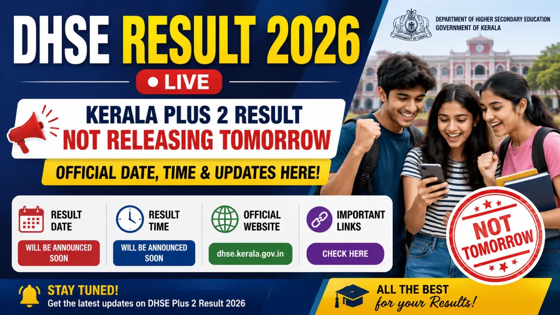 DHSE Result 2026 Live: Kerala Plus 2 Result NOT Releasing Tomorrow on dhse.kerala.gov.in, Check Date, Time, Links Here