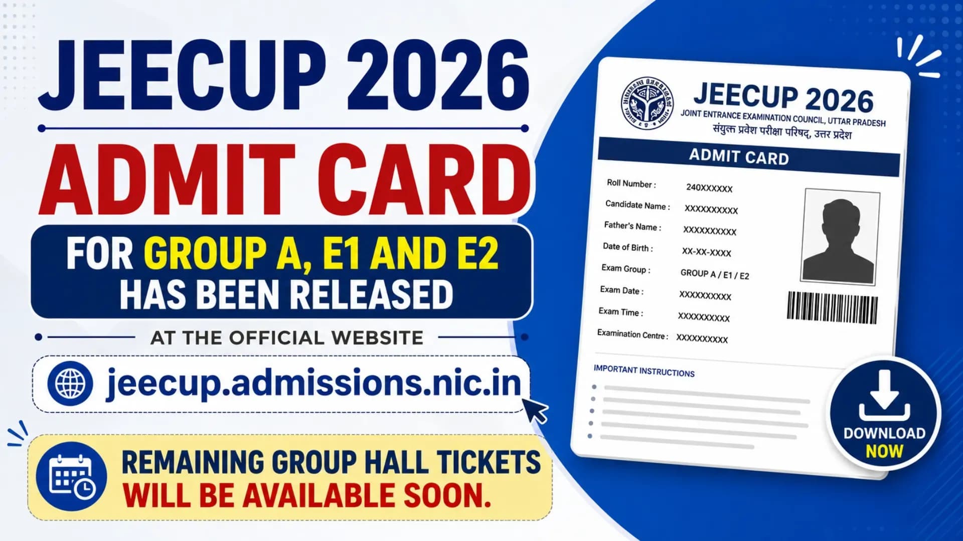 JEECUP 2026 Admit Card Released for Group A, E1 & E2