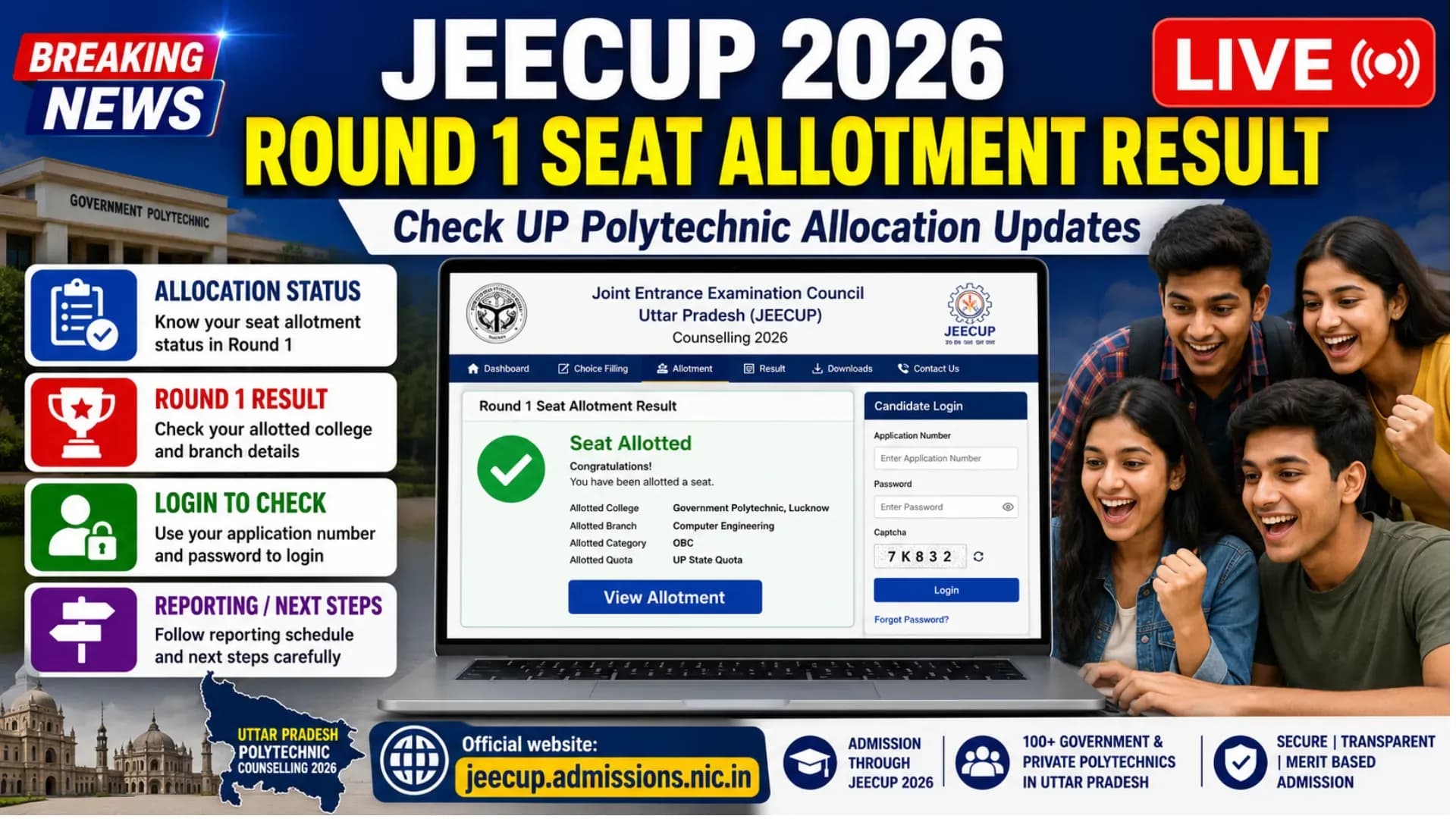 JEECUP 2026 Round 1 Seat Allotment Result LIVE: Check UP Polytechnic Allocation Updates